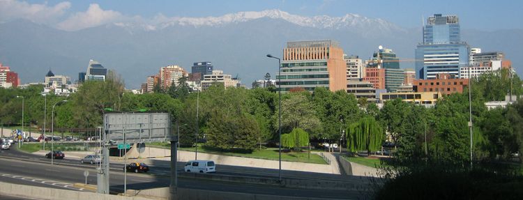 View from the Sheraton Santiago of tall buildings and the snow-capped mountains beyond
