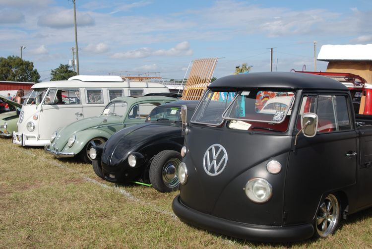 Vintage VWs lined up on a grassy field