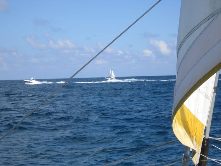 View from a sailboat of a distant sailboats with speedboats between us