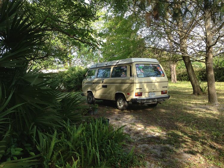 VW Westfalia in a wooded yard