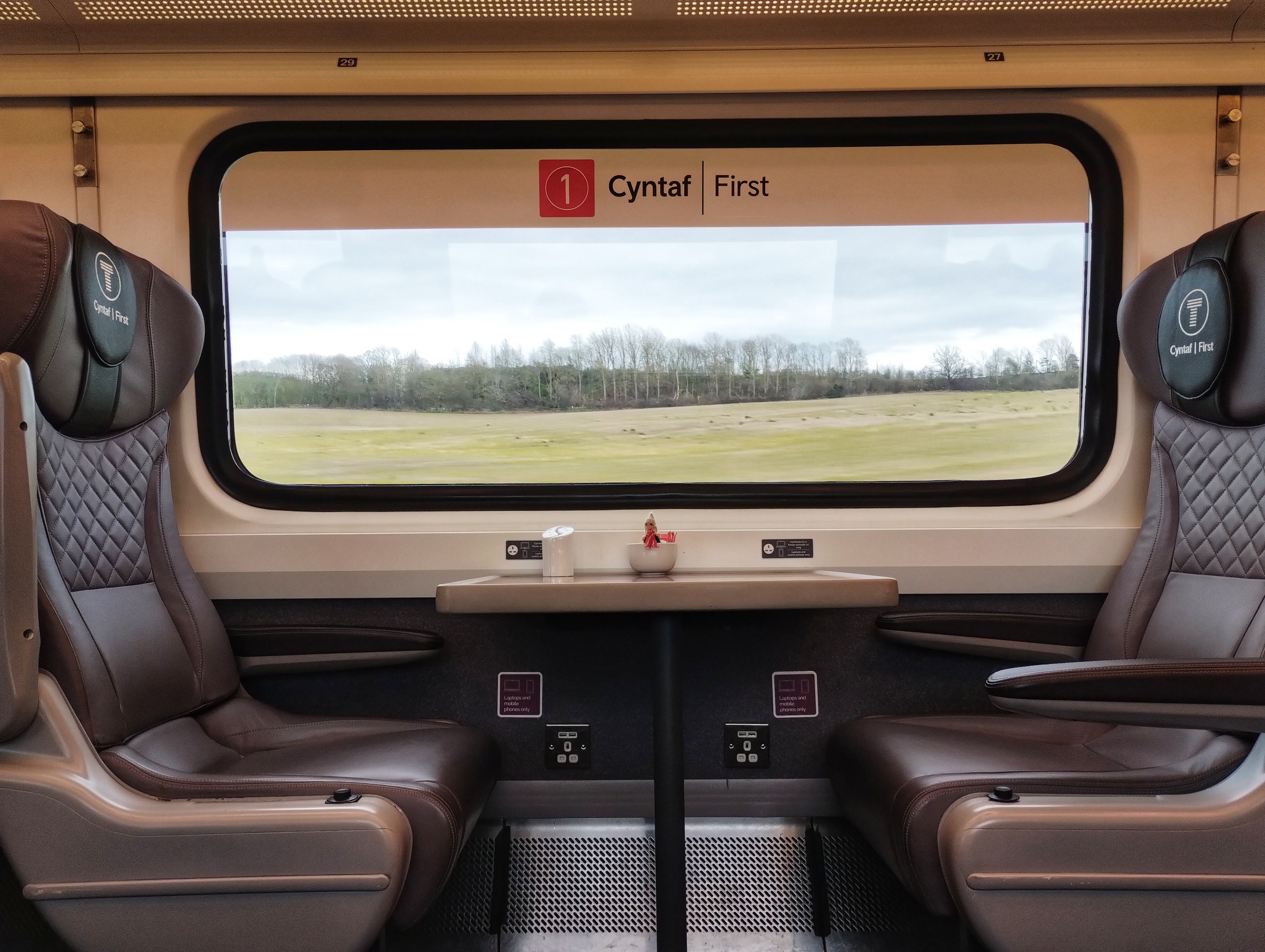 A finger puppet enjoys the ride on a Transport for Wales service from Manchester Piccadilly, sitting on the table between two seats either side of a window. Through the window we see trees on the horizon.