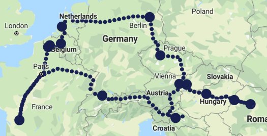Map of Europe with a dotted line and highlighted circle markers tracing a route through several countries, including France, Belgium, Netherlands, Germany, Austria, Croatia, Hungary, and others, with major cities labelled.