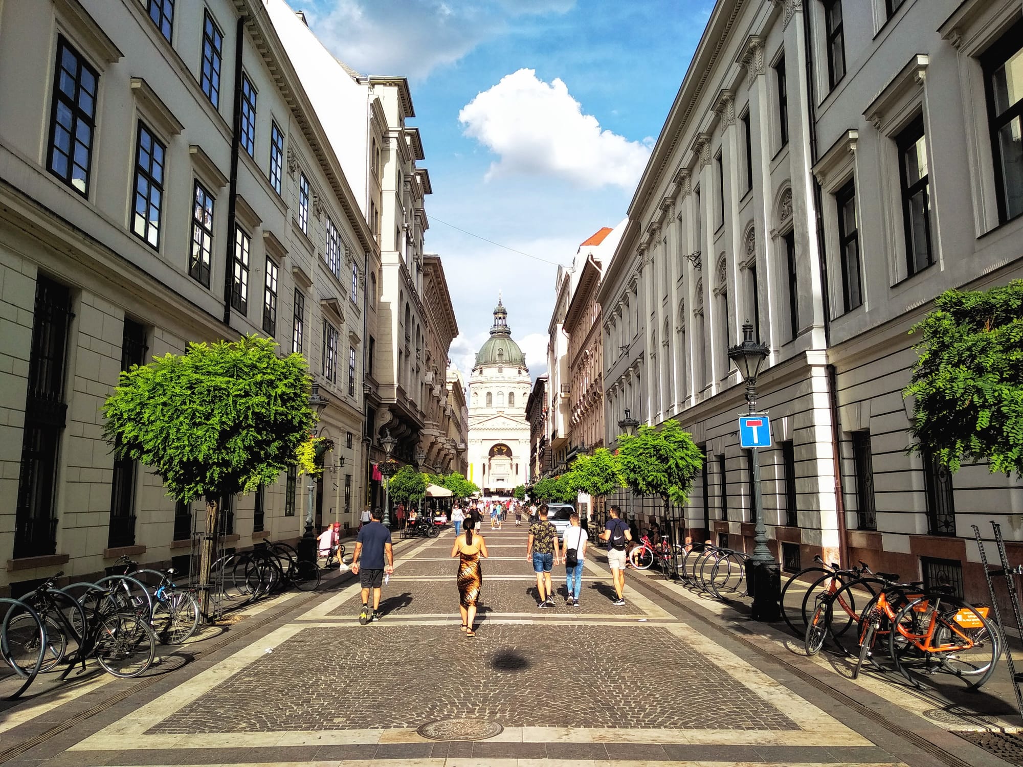 A wide cobblestone street lined with multi-story white buildings and green trees, leading to a grand domed building, with people walking and parked bicycles visible.