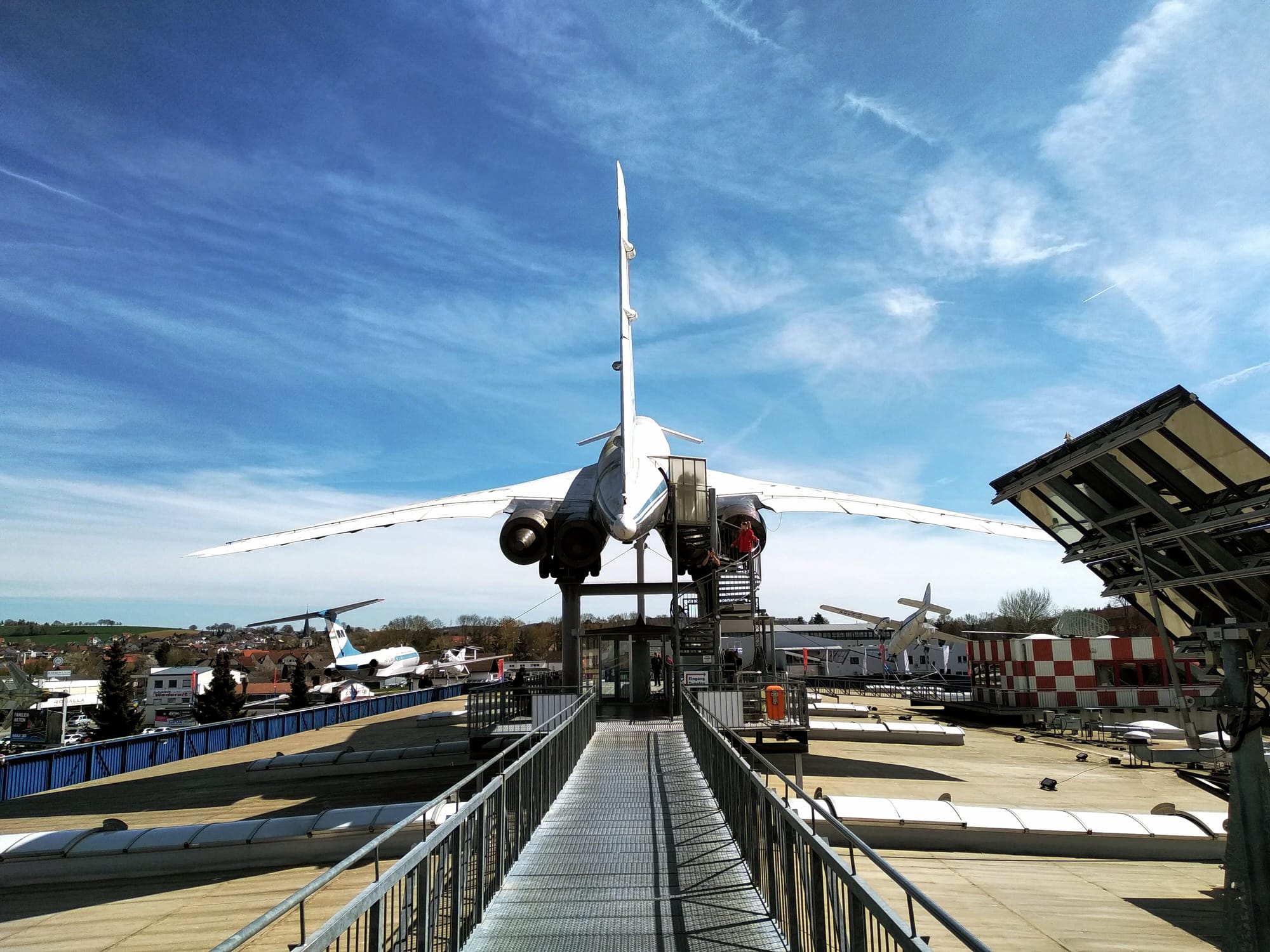 The rear of a Tupolev Tu-144, nacelles deployed, as seen from the roof of the museum.