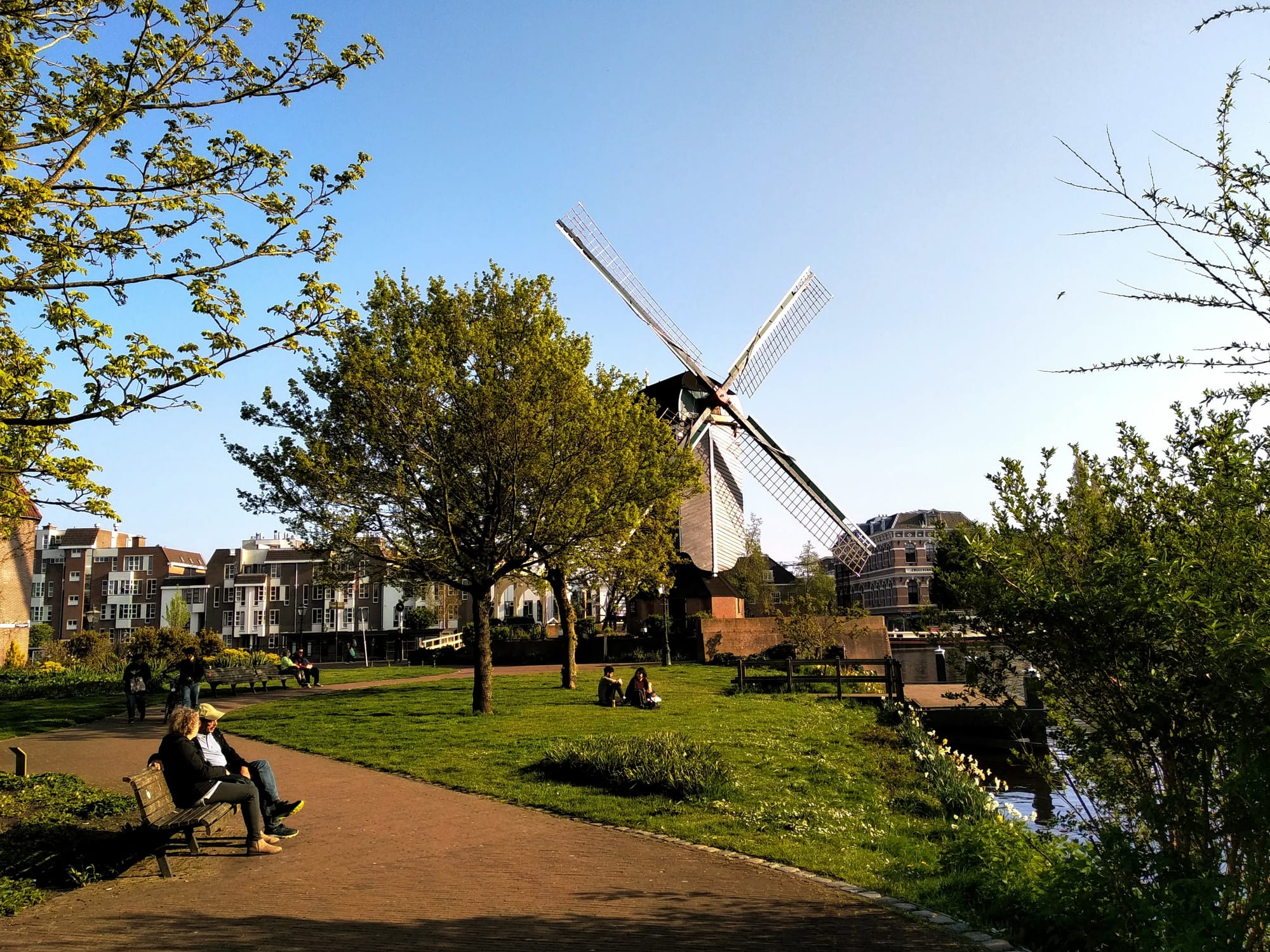 People sit on benches in a leafy Dutch park next to a canal, overlooked by a large windmill.