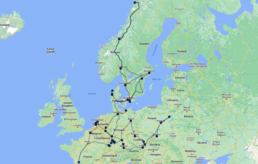 A map of Europe showing the routes taken on an Interrail journey