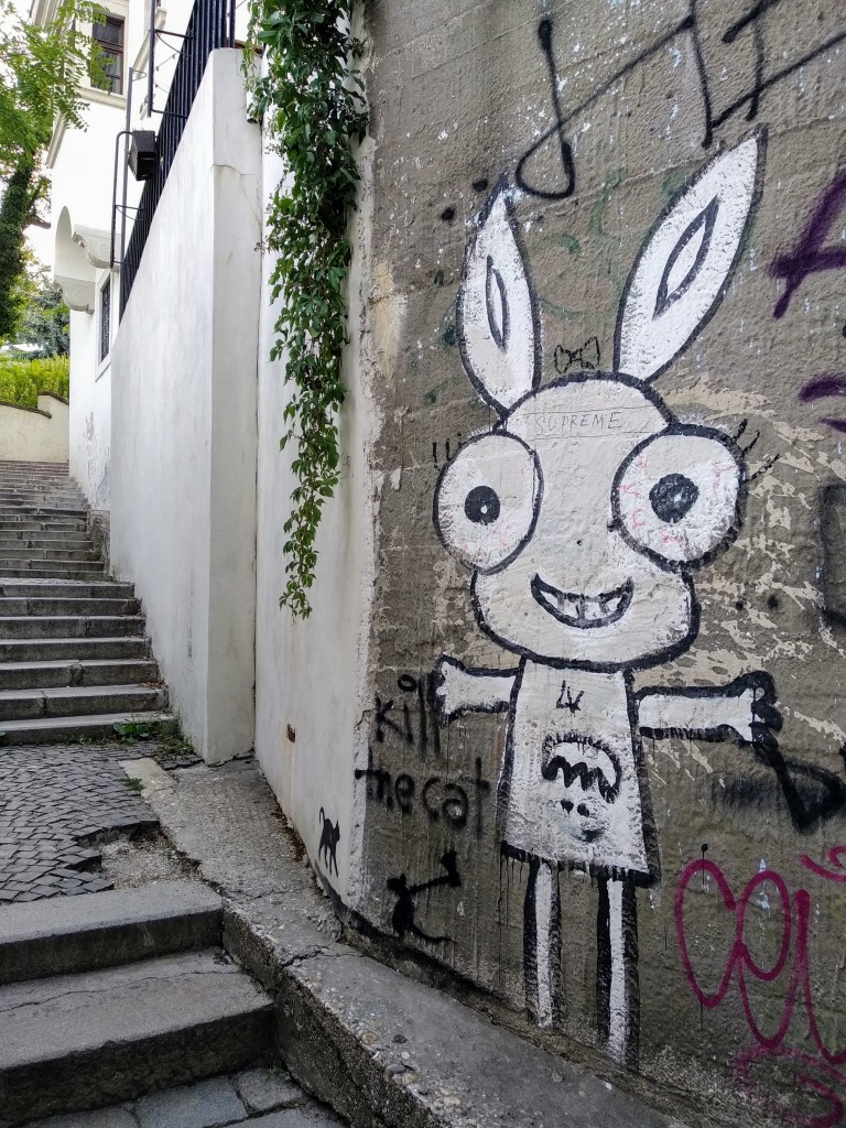Graffiti of a white cartoon bunny character on a concrete wall, arms outstretched, with "Kill the cat" and other graffiti nearby; a staircase and white building flank the wall.