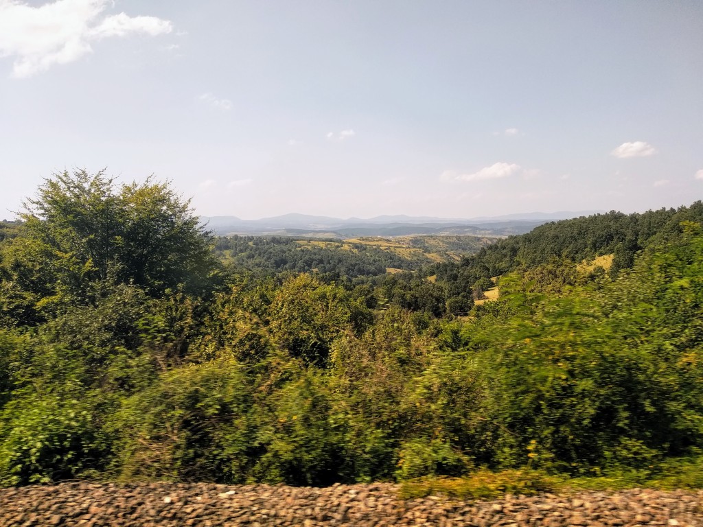 Panoramic view of a lush green valley with rolling hills, dense trees, and distant mountains under a clear, slightly cloudy sky.