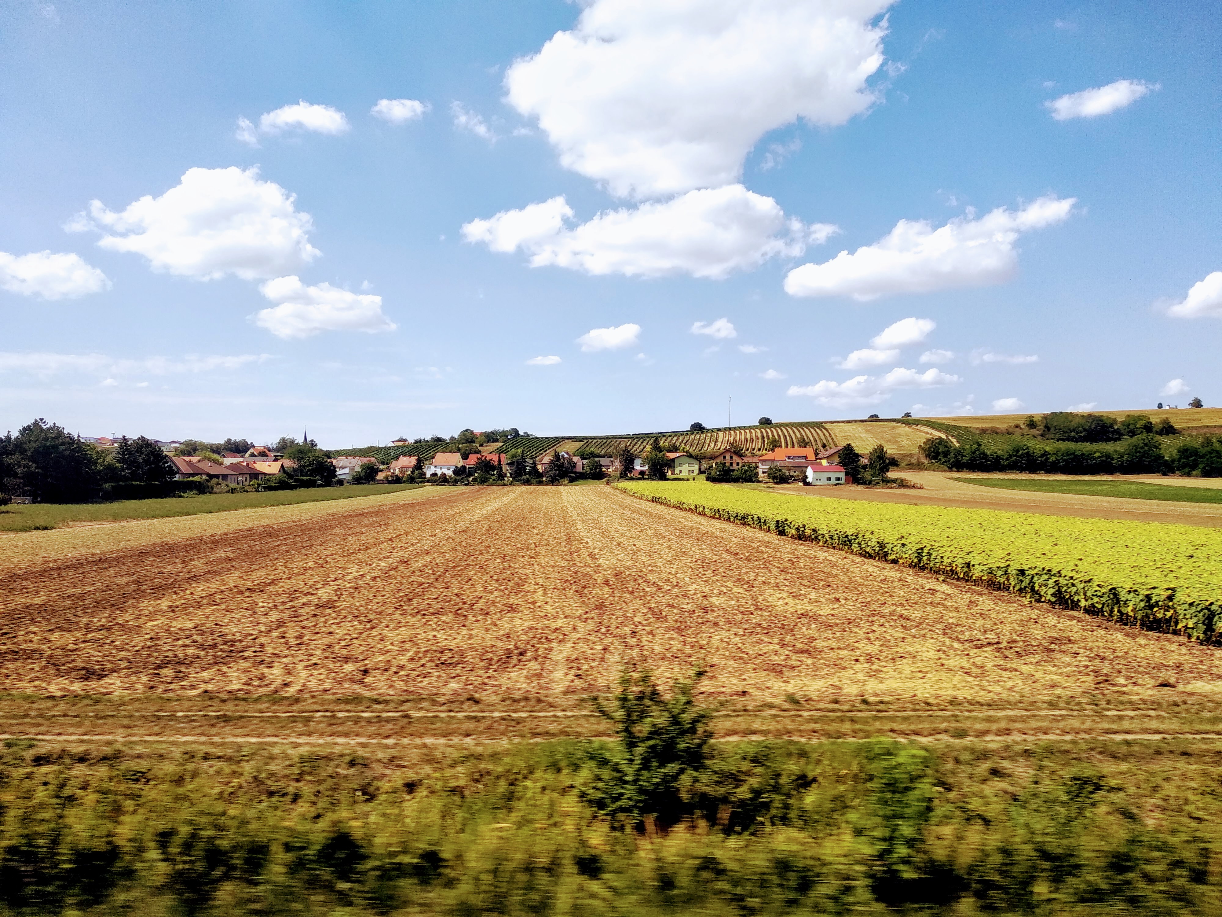 Scenic view of farmland under a bright blue sky dotted with puffy white clouds, featuring a harvested field, a field of sunflowers, and a small village nestled between rolling hills.