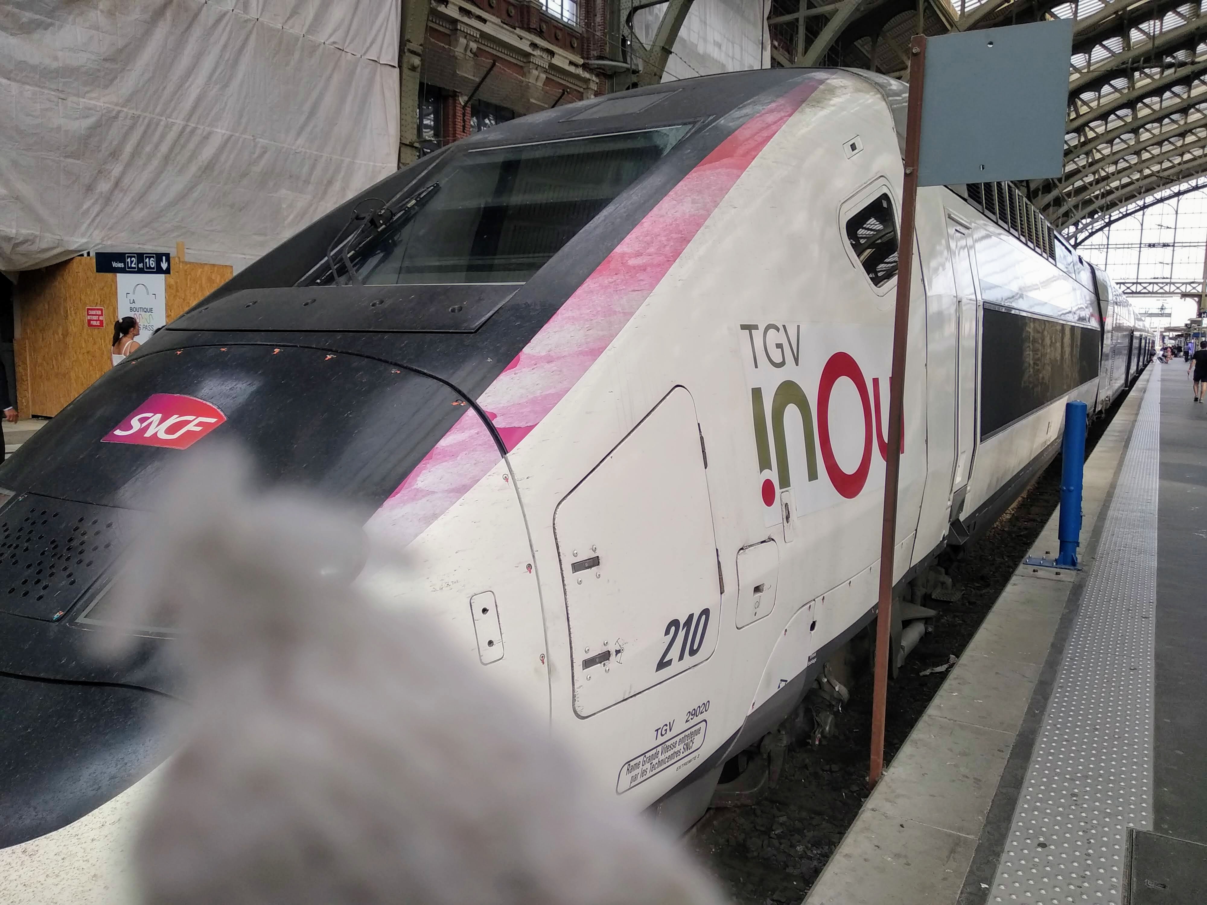 A finger puppet examines the pointy end of a white TGV INOUI high-speed train at a platform, with black nose, pink stripe design, and the SNCF logo prominently displayed, along with the number 210.