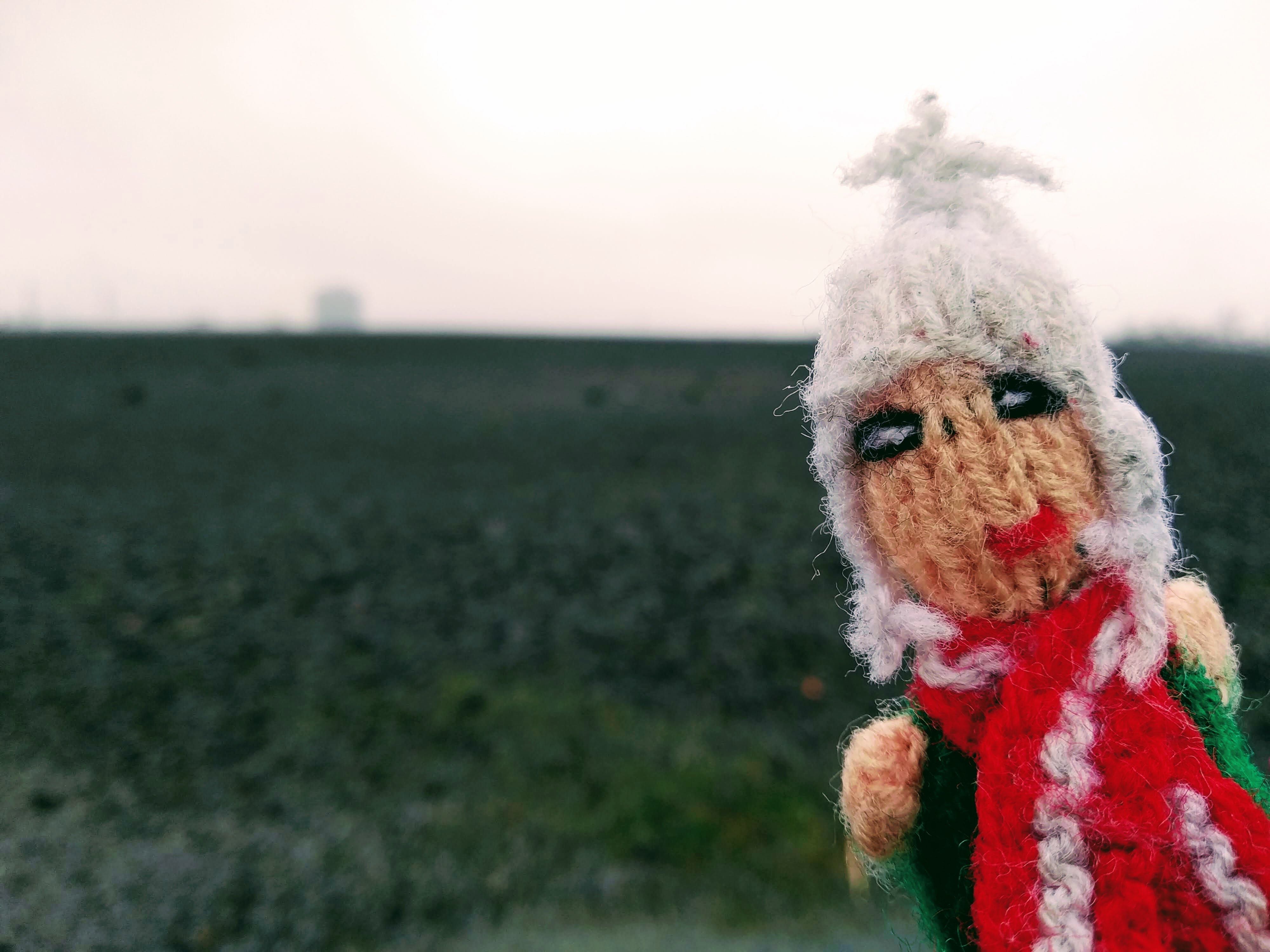 A cold finger puppet in front of an abandoned slag heap.