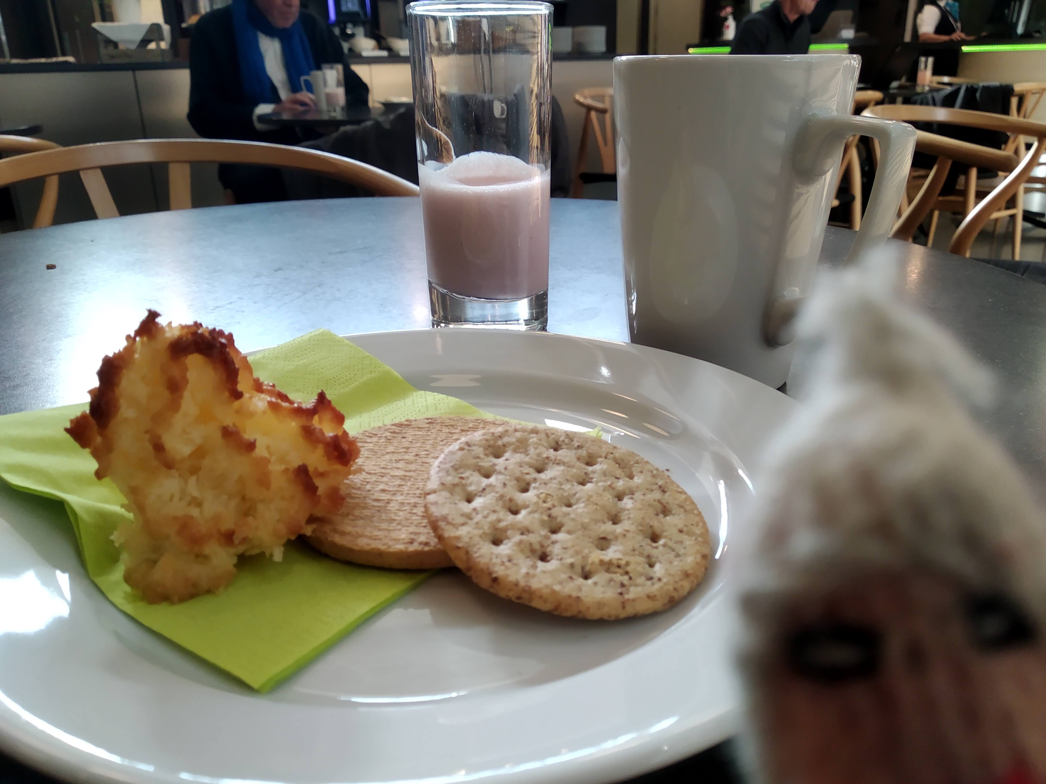 Puppet enjoying a complimentary breakfast in the SJ lounge at Stockholm Central.
