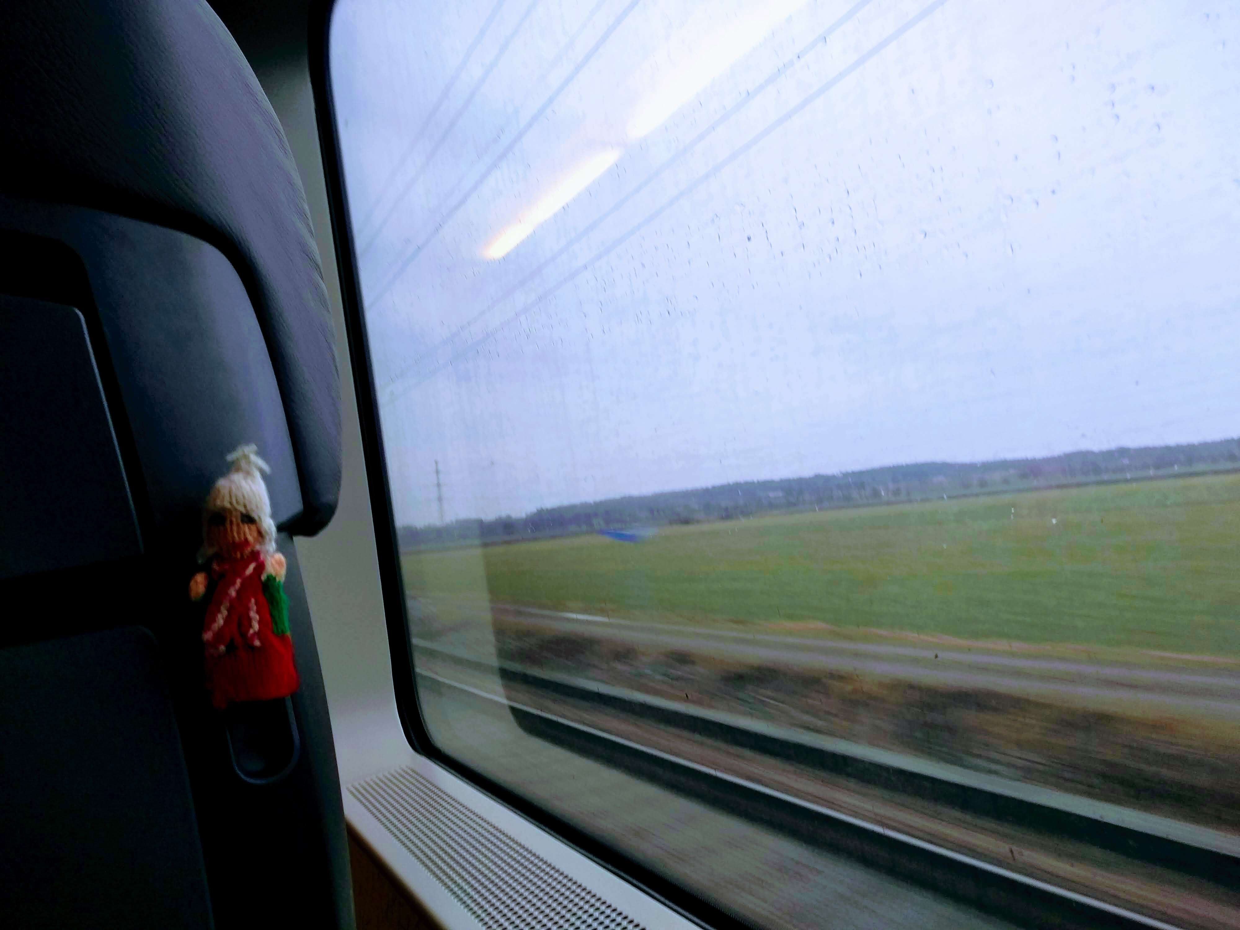 A finger puppet enjoying a window seat