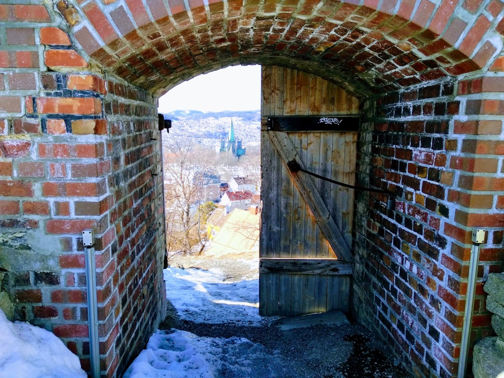 A wooden door in a brick arch, though which the cathedral in Trondheim can be seen.