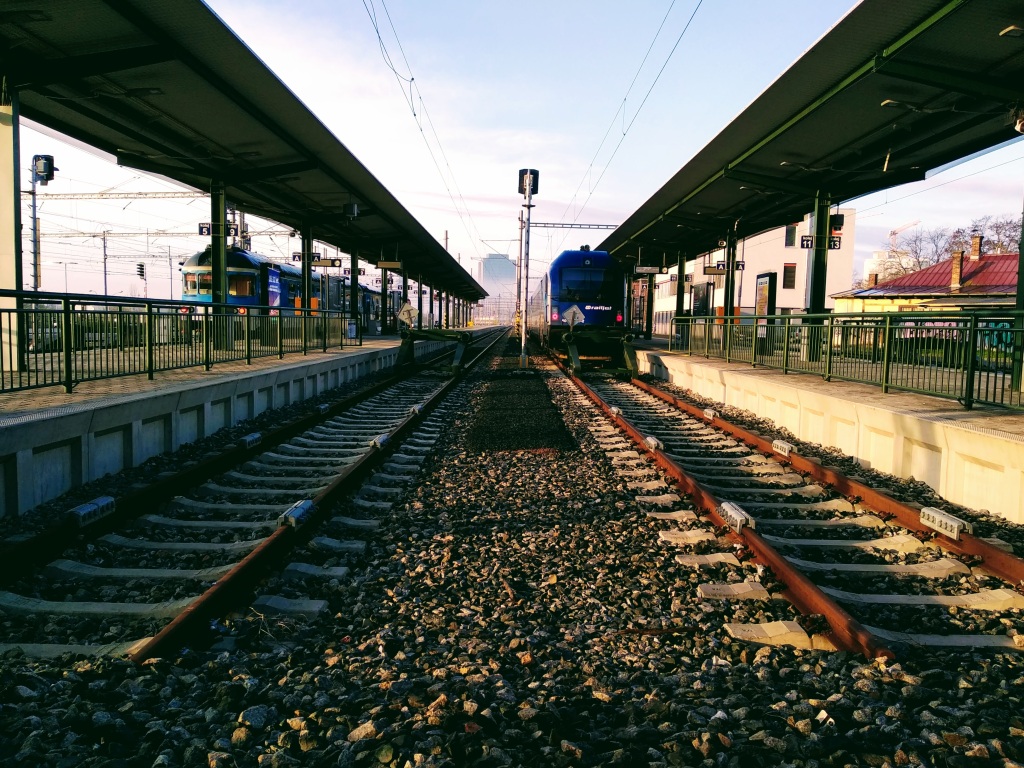 Two sets of train tracks flanked by platforms with canopies, as seen from the buffers, converge on the horizon.