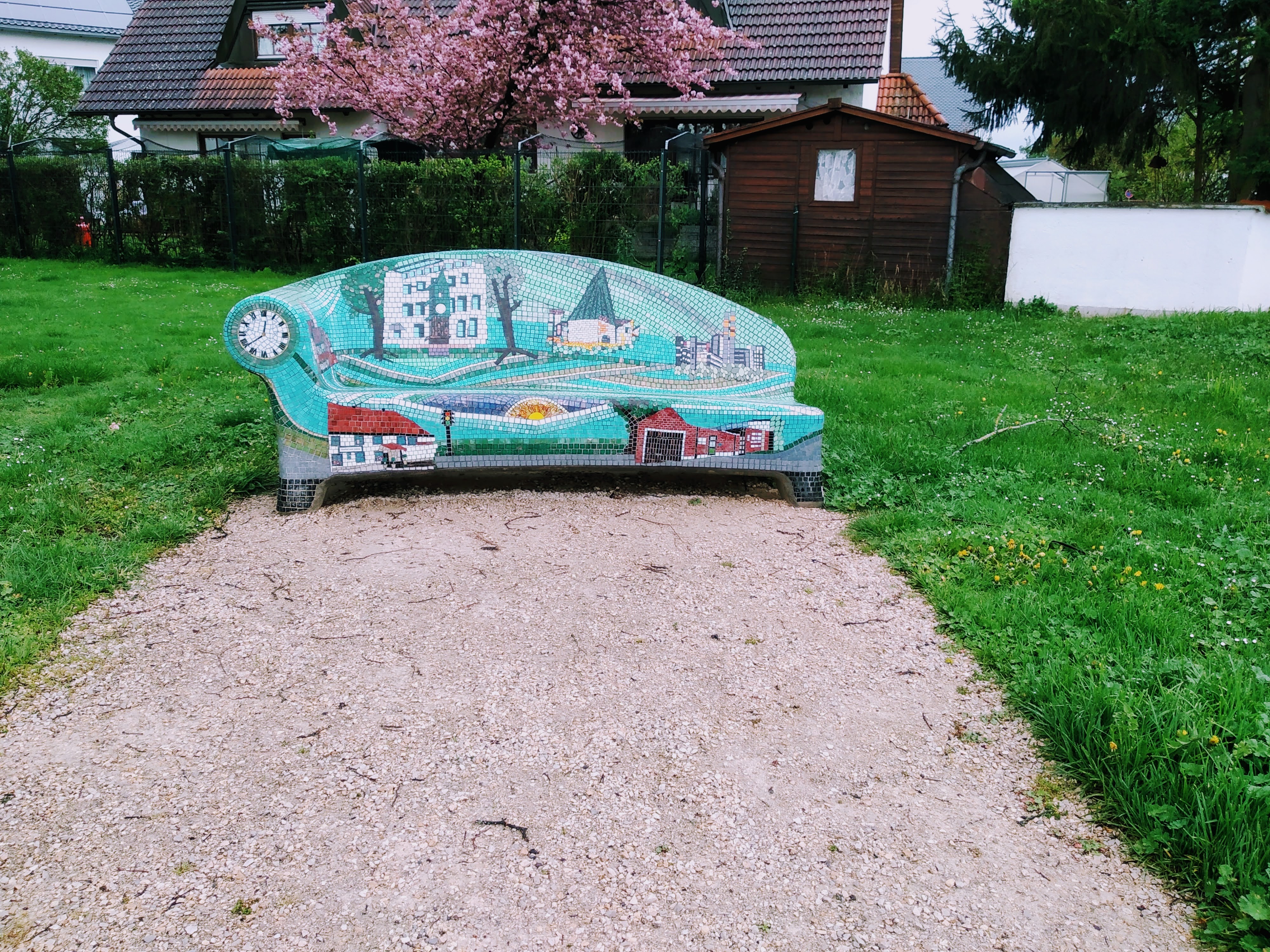 A public garden bench covered with mosaic in Ingolstadt. 
