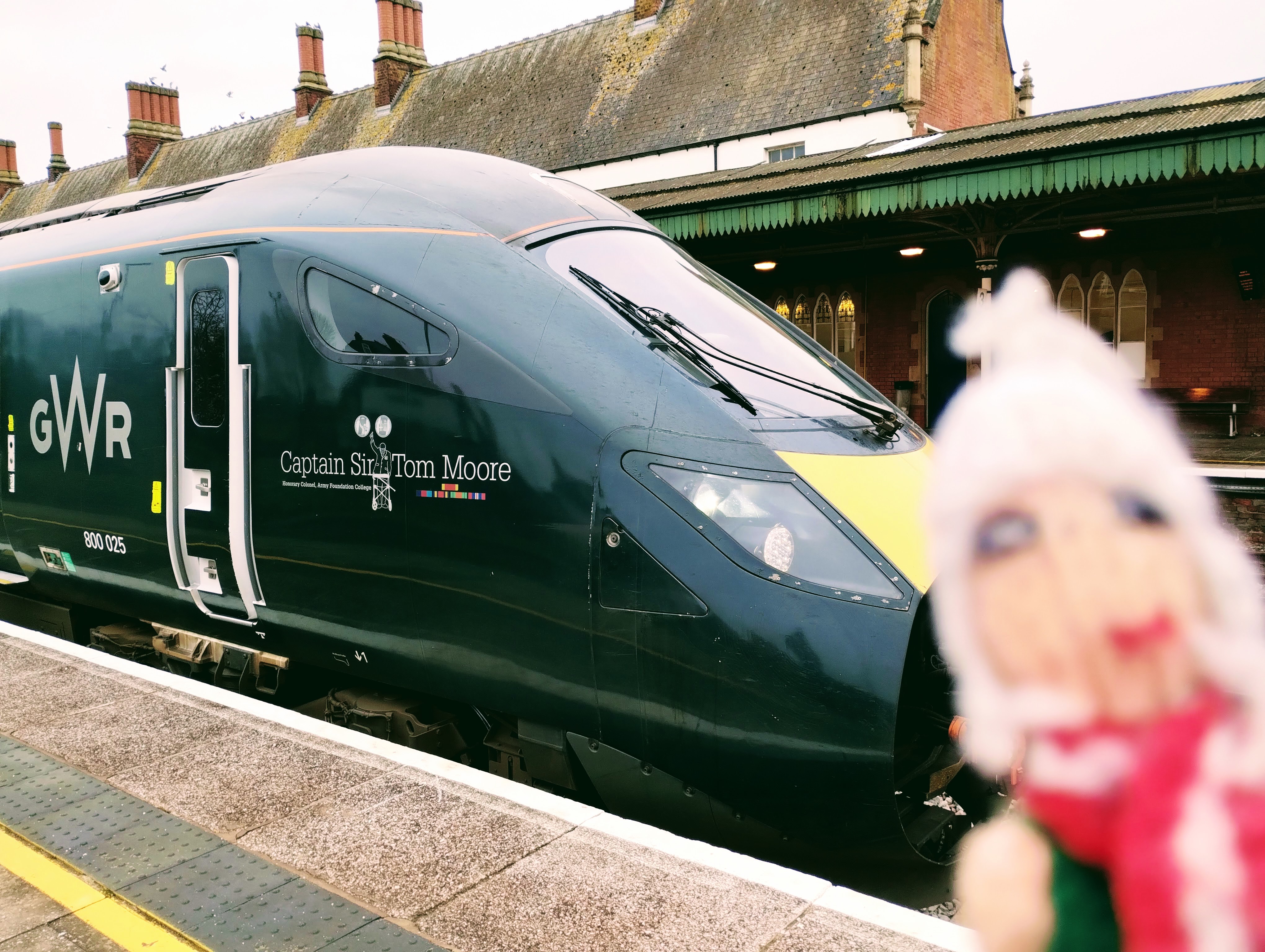 Finger puppet enjoys the pointy end of a GWR train, the Captain Sir Tom Moore, to London Paddington.