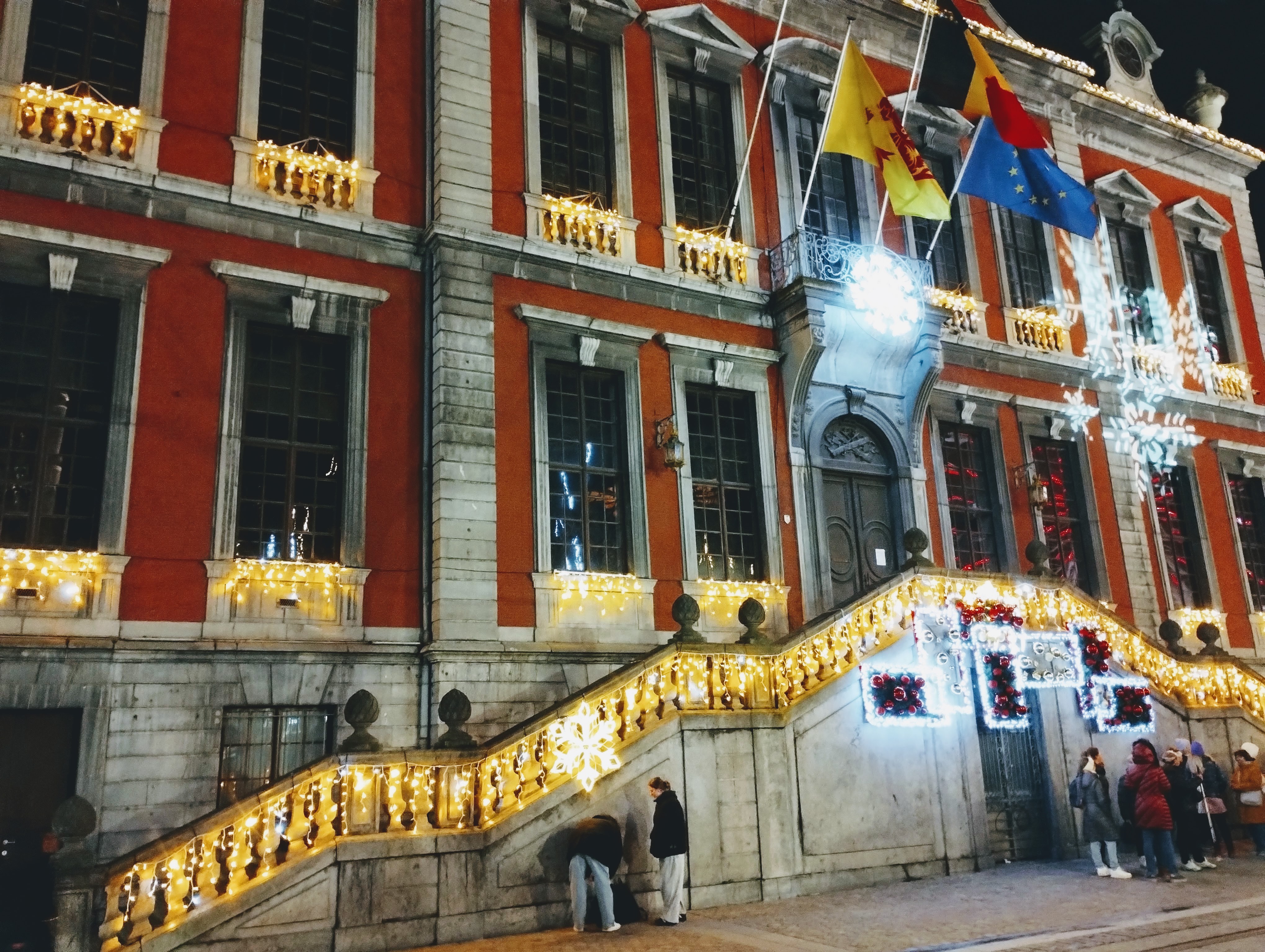 The door of the town hall in Liège, which is decorated for Christmas.