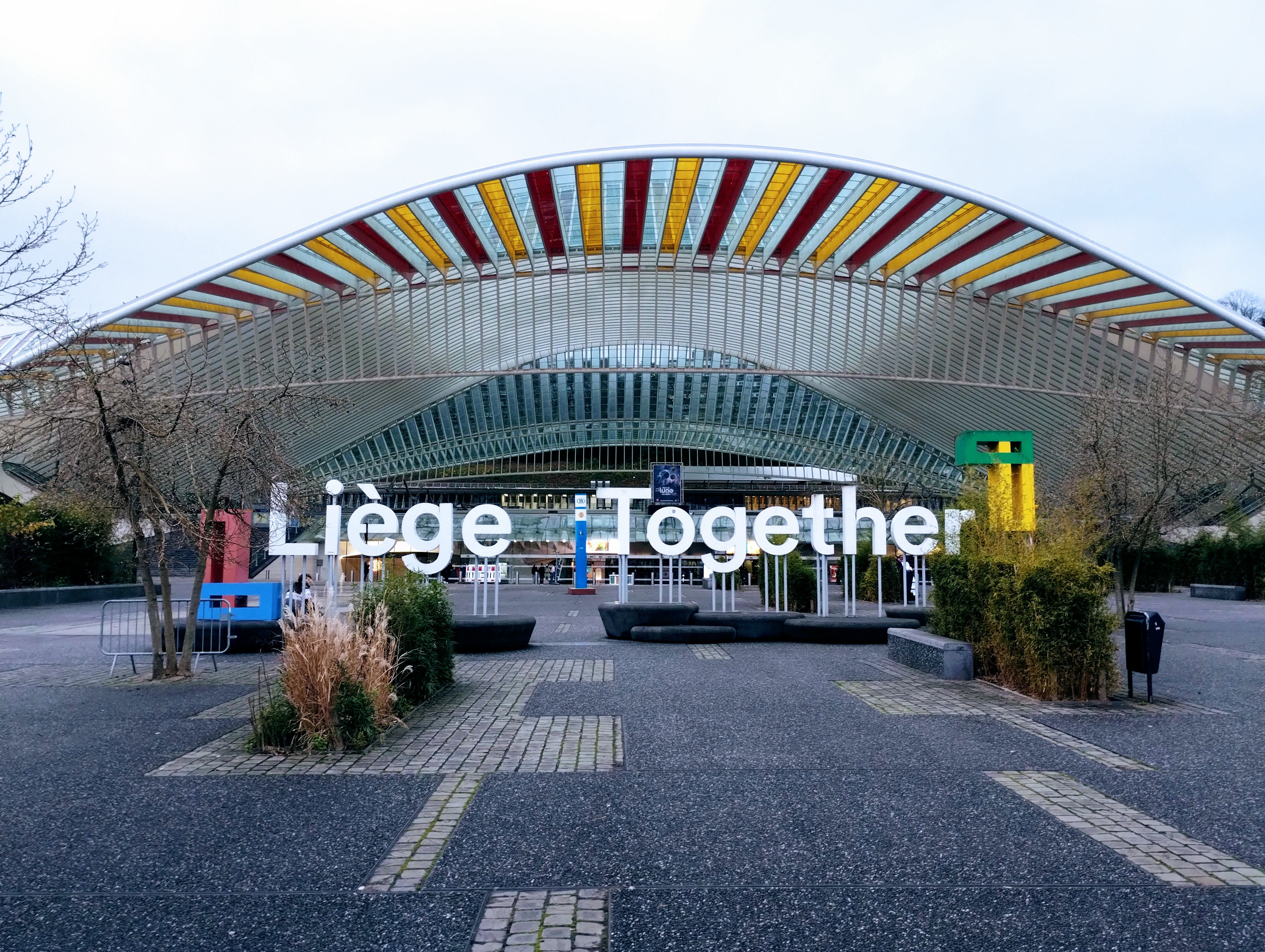 The white "Liège Together" sign in front of Liège Guillemins station.