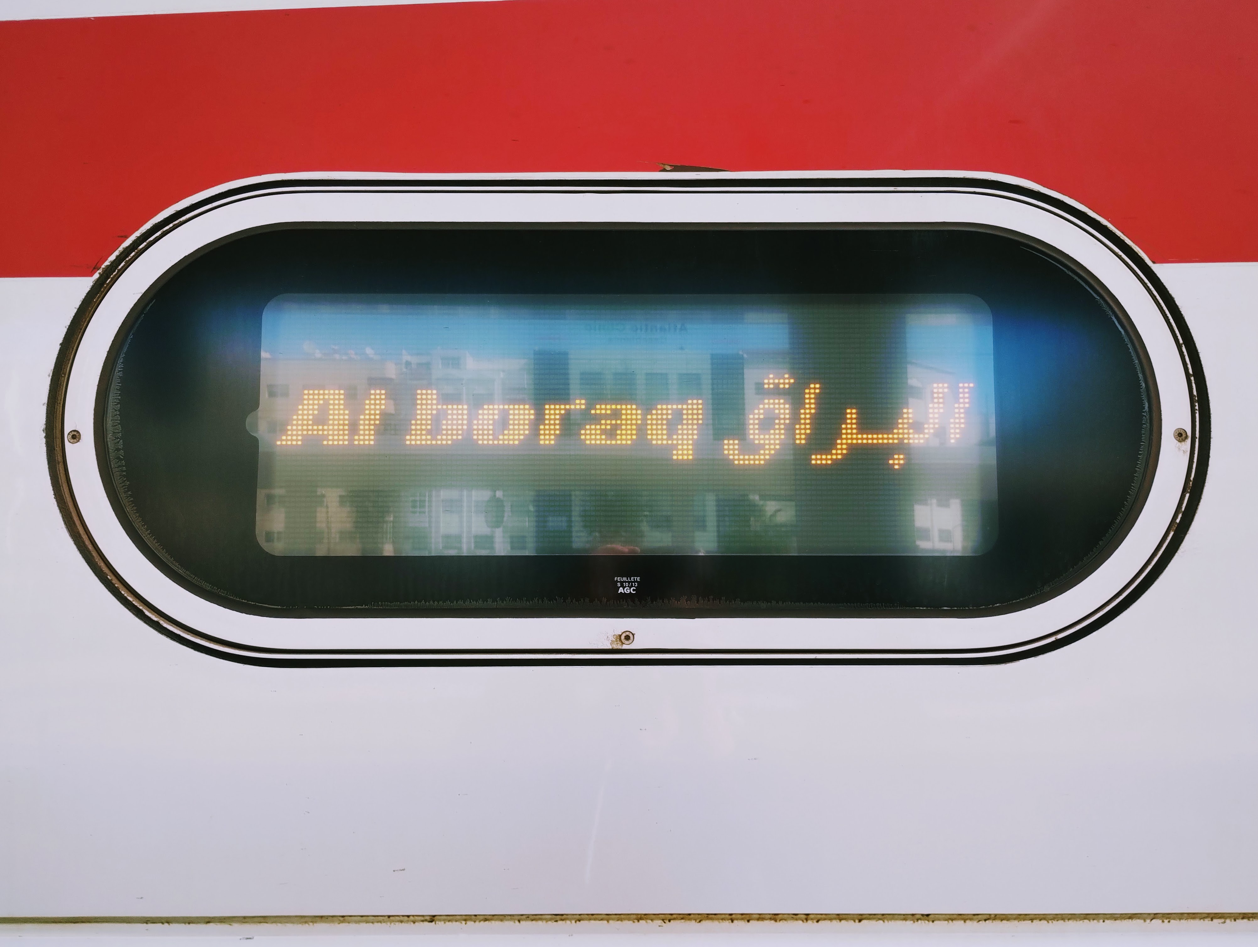The information display of a Moroccan TGV reads "Al boraq" in Roman and Arabic script.