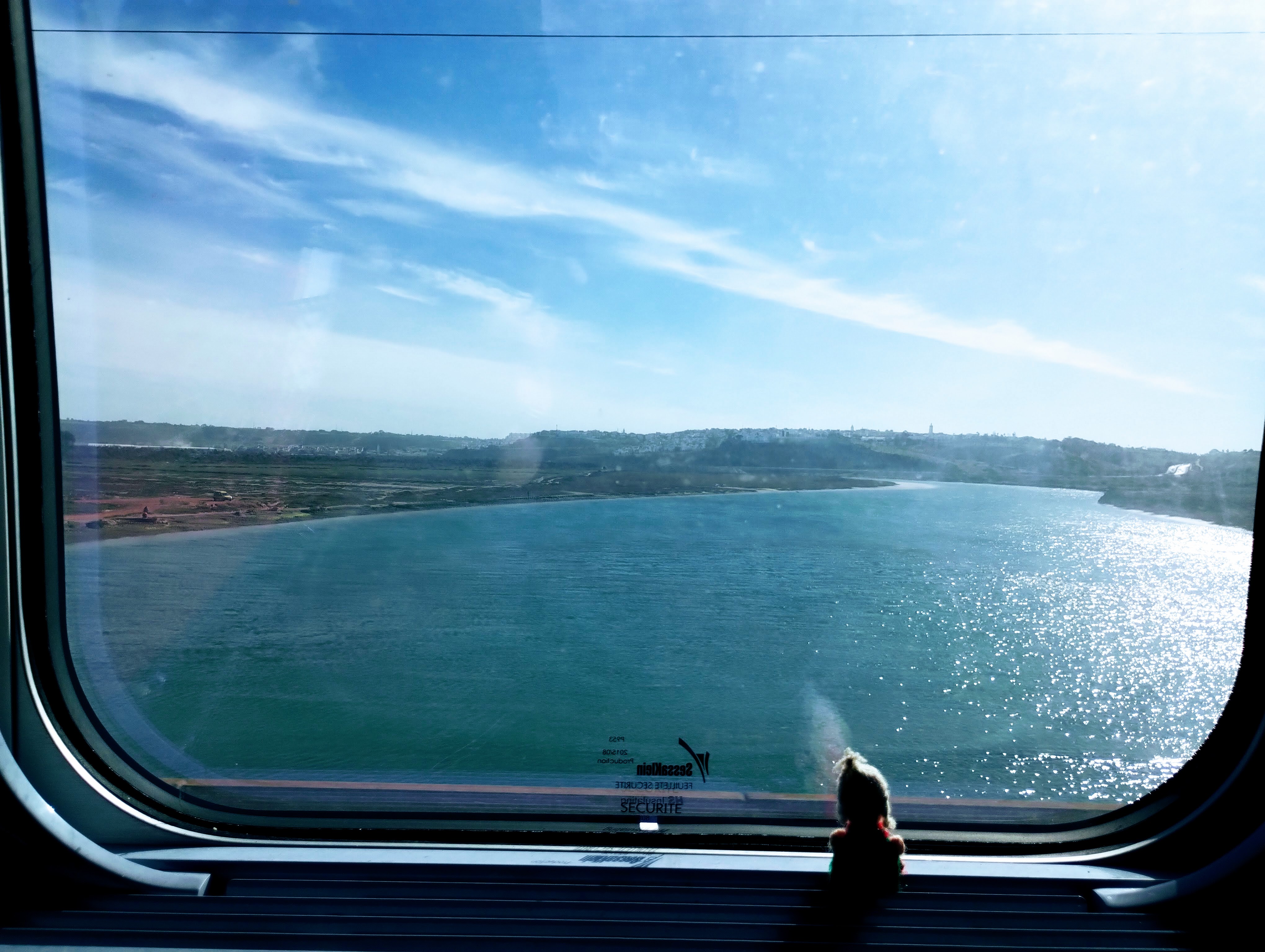 A wistful finger puppet looking at the Oued Bou Regreg through a train window.