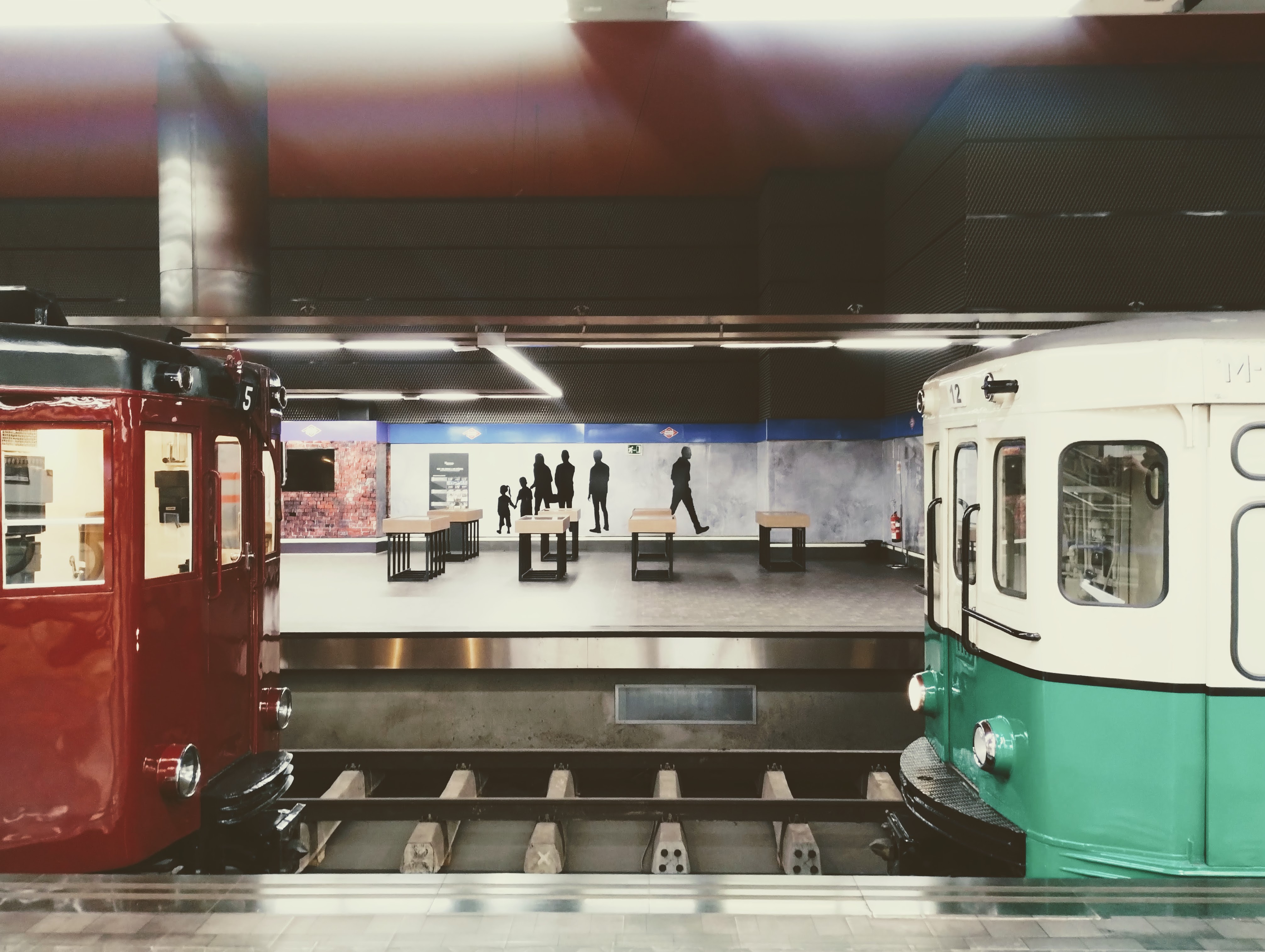 Two historic Madrid metros make part of a display of historic trains in Madrid Chamartin