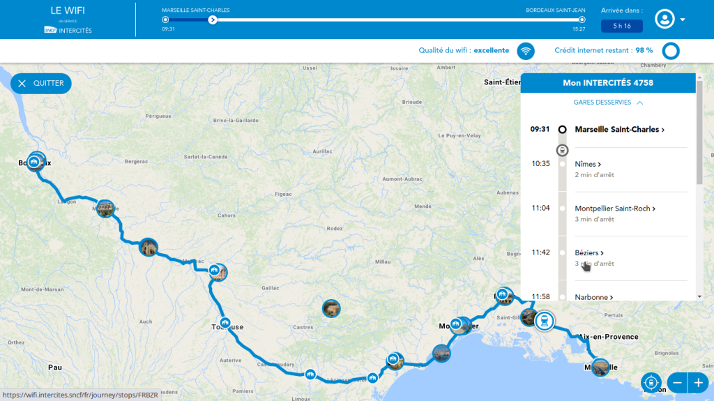 Map displaying the journey of Intercités 4758 from Marseille Saint-Charles to Bordeaux Saint-Jean, highlighting the train's route with stops marked by icons, and the current status of the journey. A sidebar shows the scheduled stops and estimated times. The WiFi service is indicated as excellent.