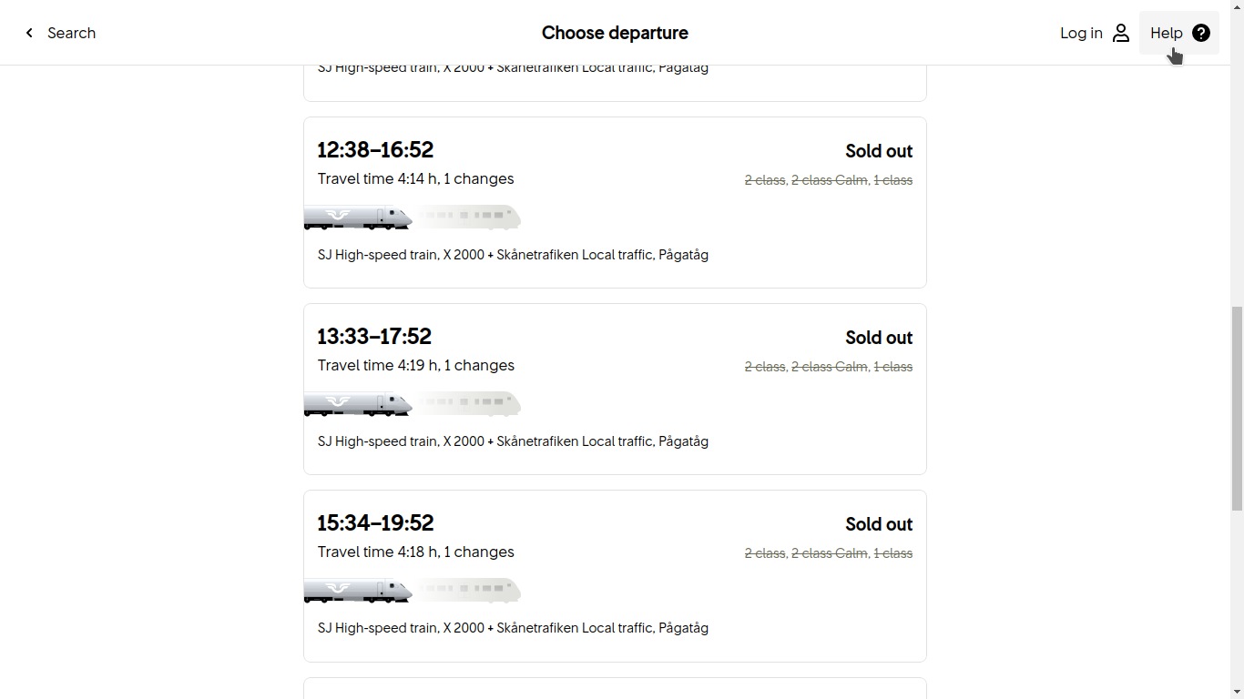 Screenshot from the SJ booking system showing all trains sold out.