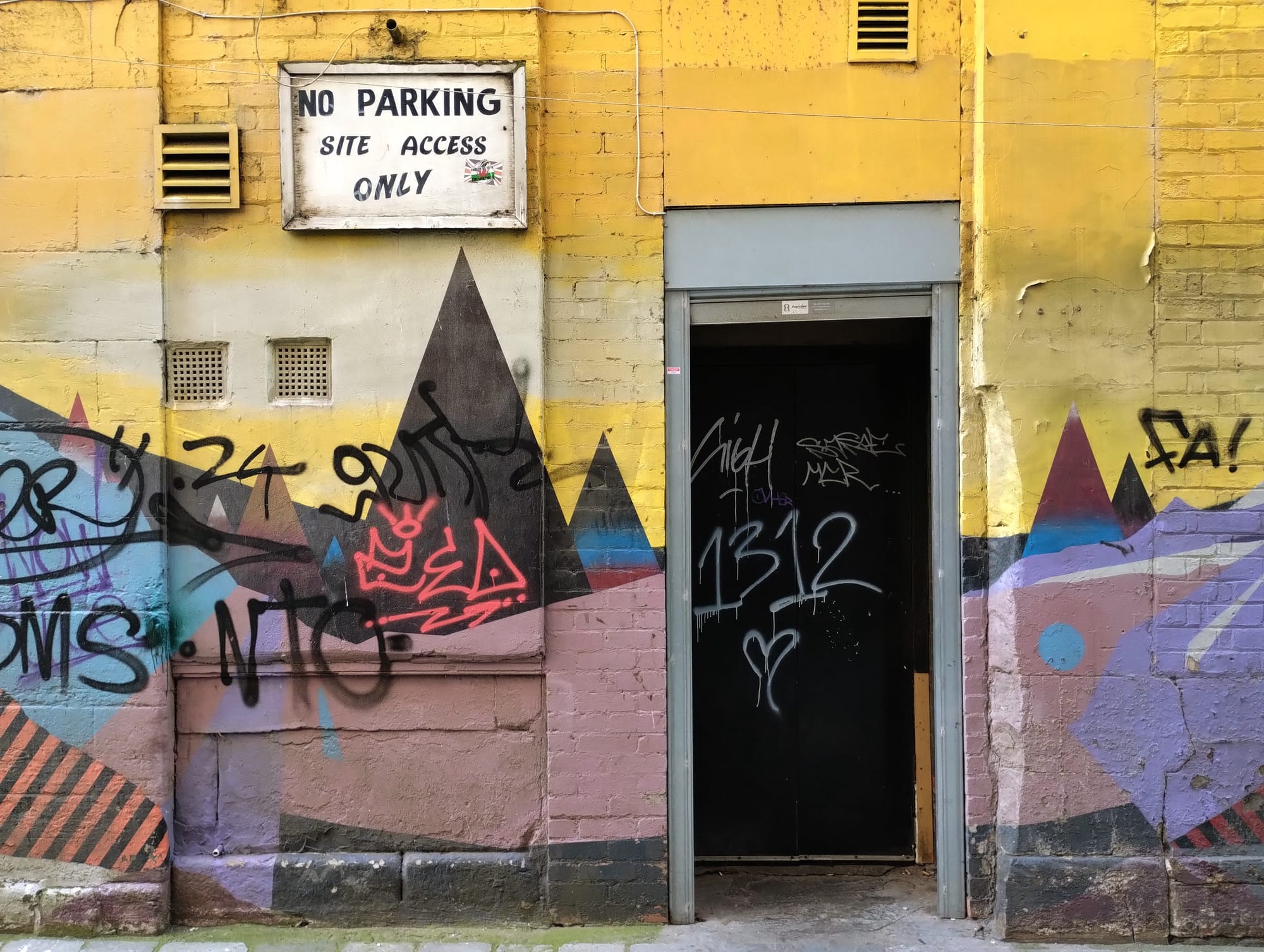 A nondescript black door in a yellow and purple brick wall. A sign reads "No parking - Site access only"