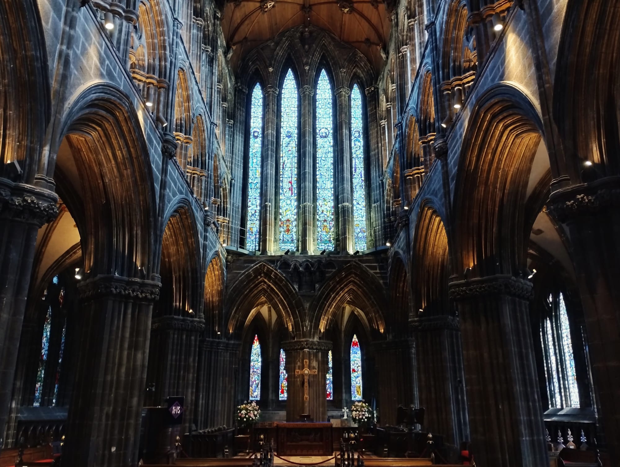 The east end and magnificent stained glass in the chancel of Glasgow Cathedral.