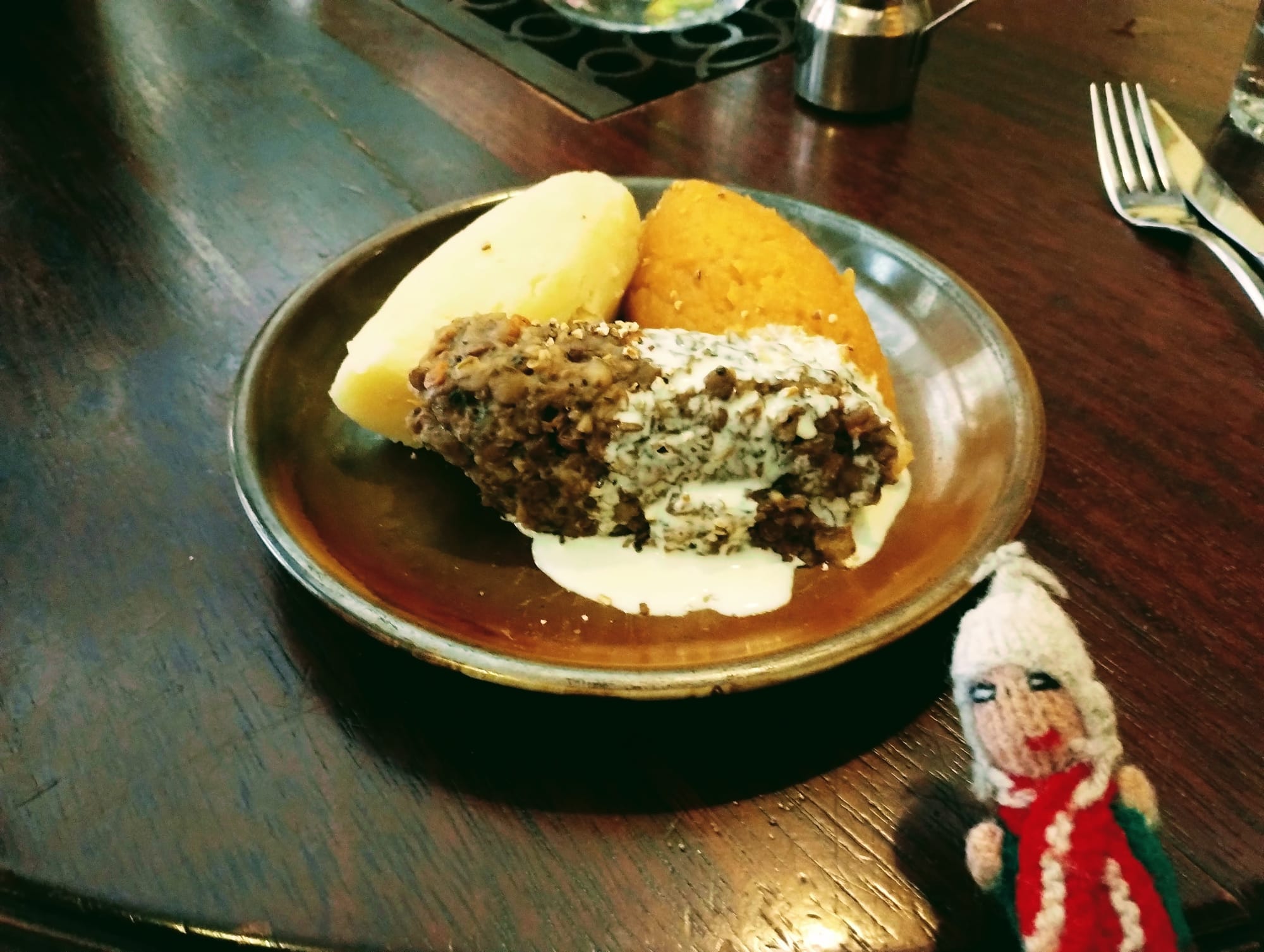 Vegetarian Haggis, neeps, and tatties.