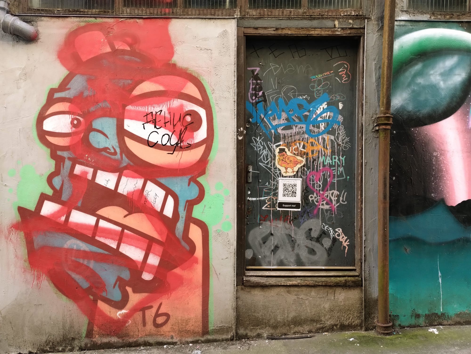 A simple wooden door covered in graffiti.