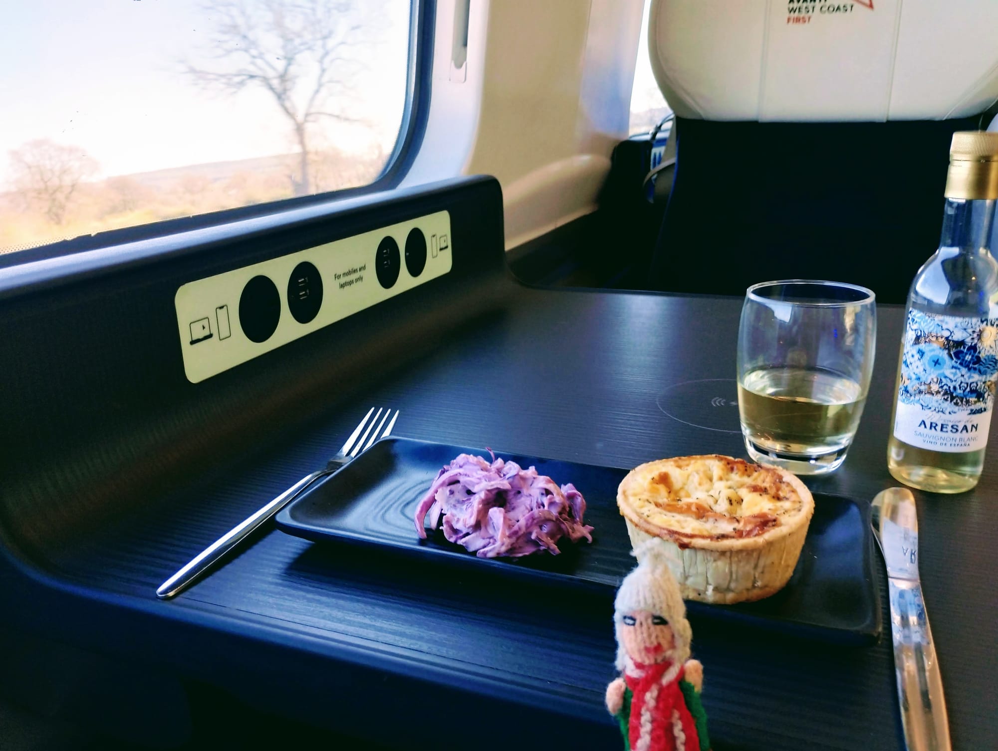 Finger puppet ready to devour a small quiche, beetroot salad, and white wine.