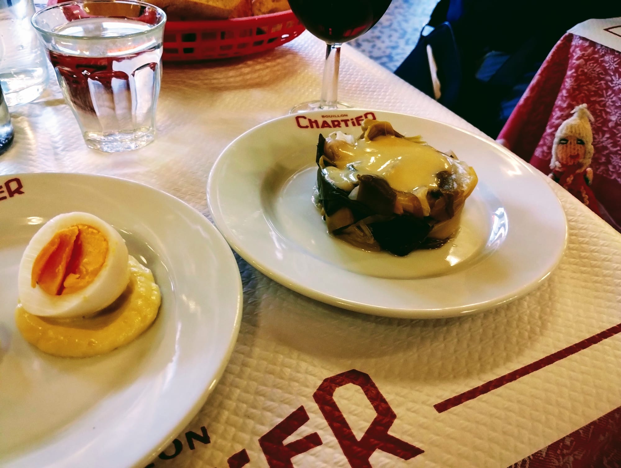Finger puppet exudes sophistication next to an artichoke heart at the Bouillon Chartier.