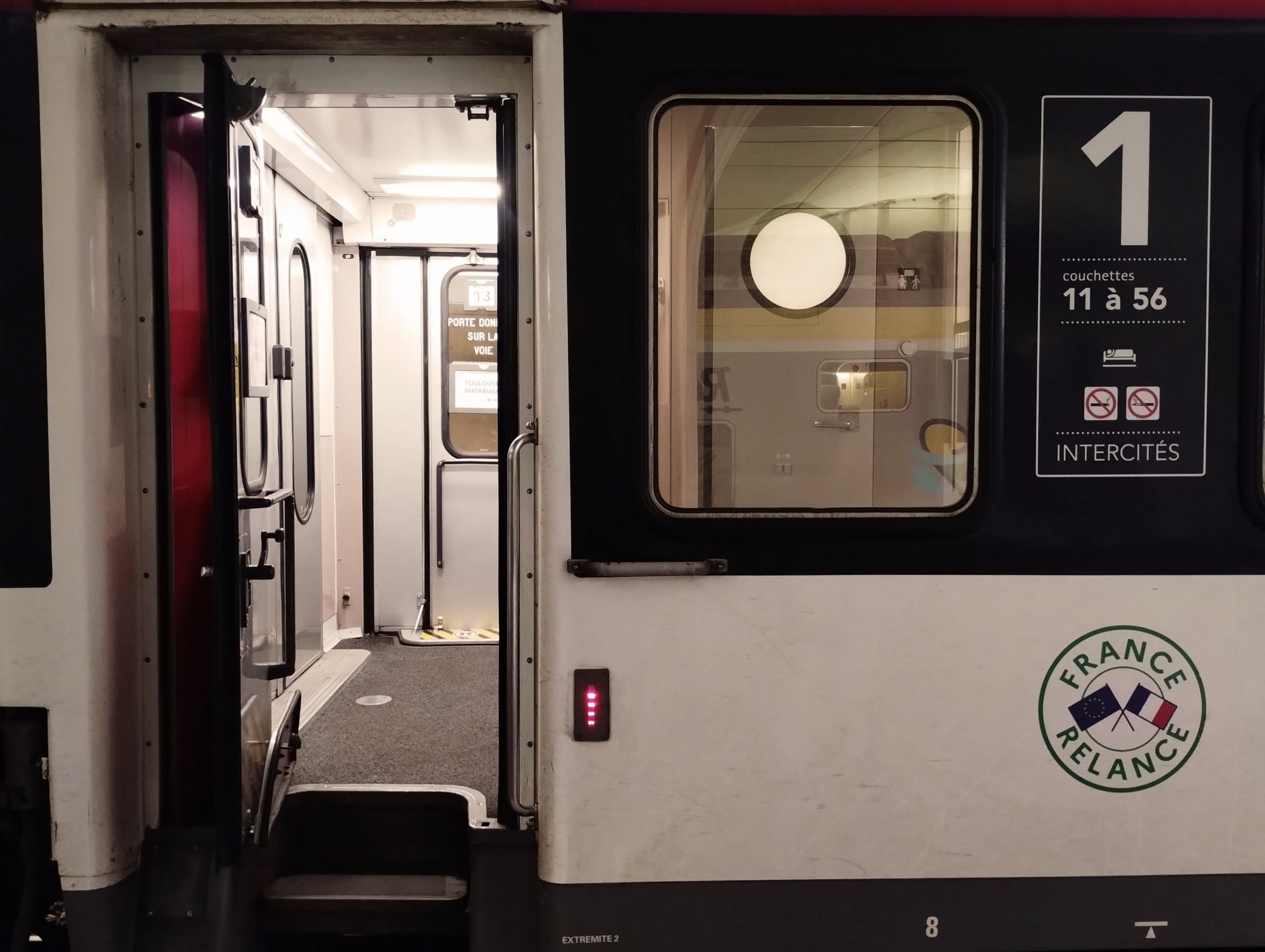 The door to a fist-class Intercités de Nuit couchette coach.