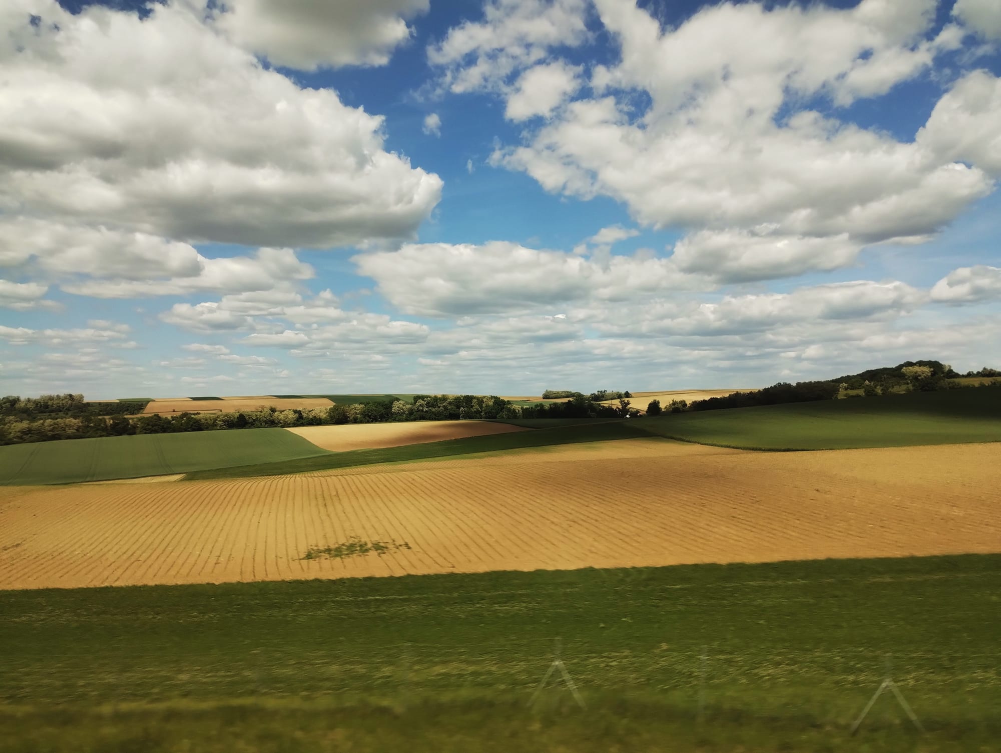 Green and yellow fields under a cloudy sky.