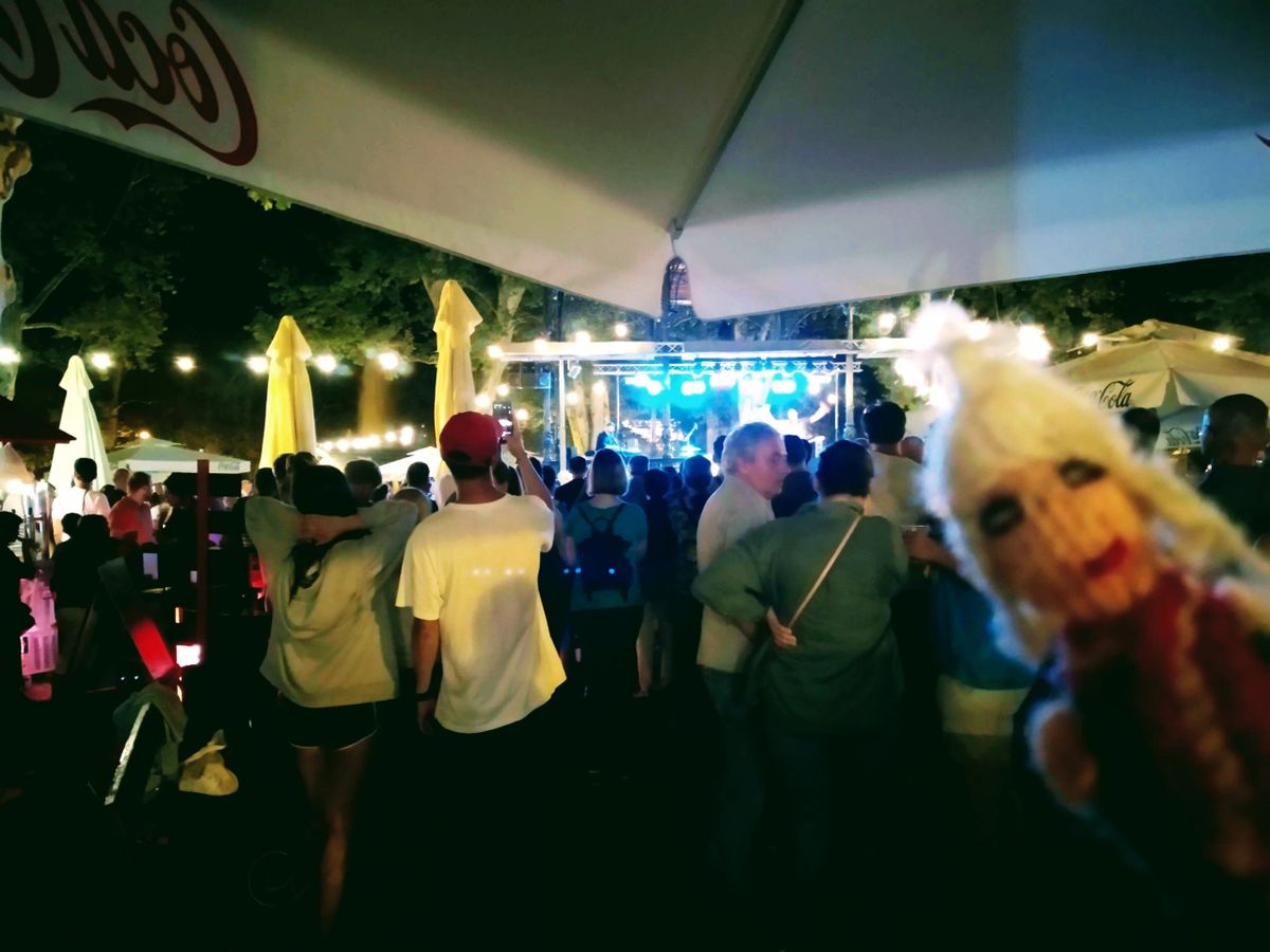 Nighttime outdoor concert scene; blurred crowd facing an illuminated stage, and a shamelessly drunken finger puppet in the foreground.