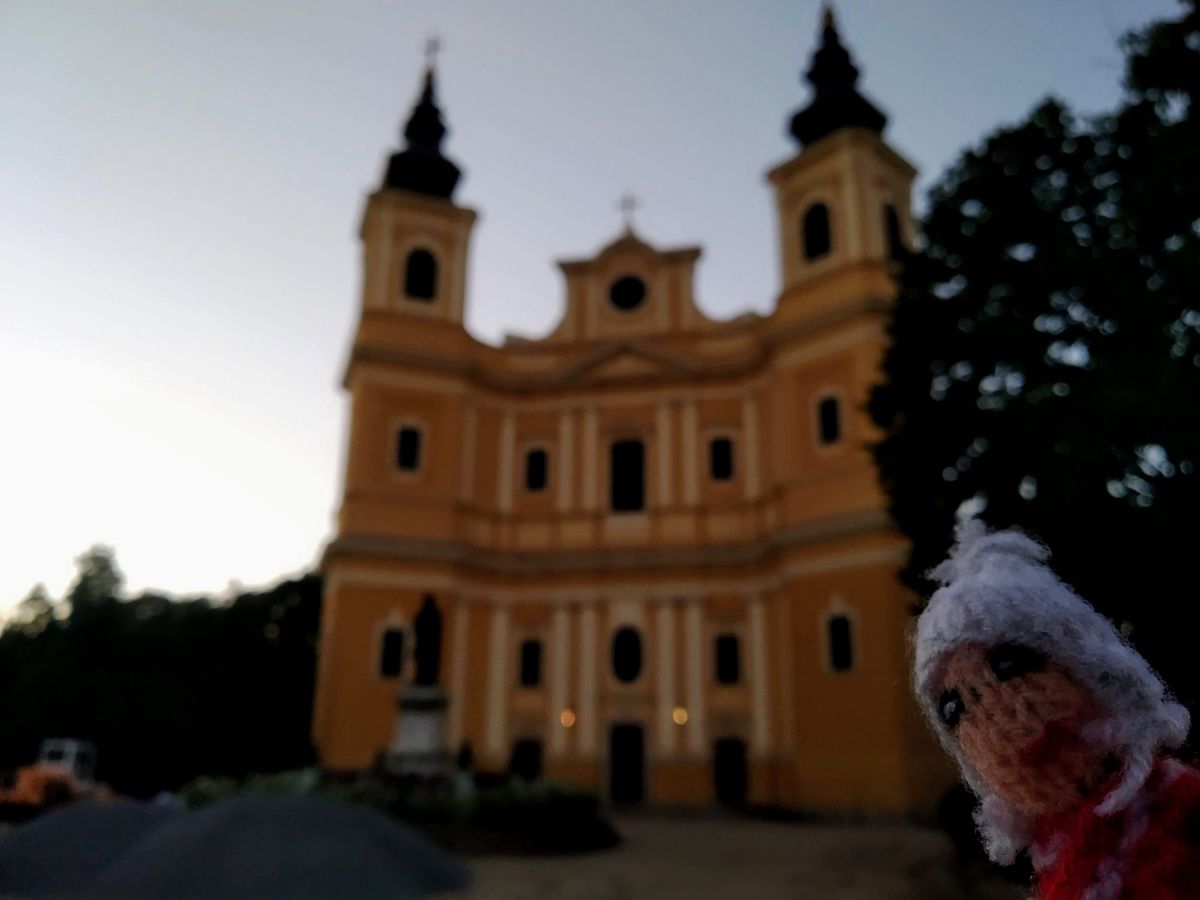 A sweaty finger puppet in front of the baroque-style Catedrala Romano-Catolică
