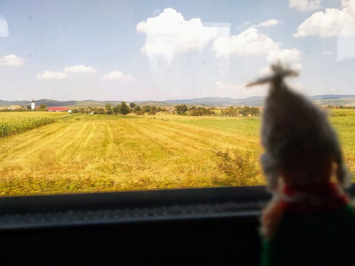 A forlorn finger puppet looks through a window at a golden hay field and a church against a bright blue sky dotted with fluffy white clouds.