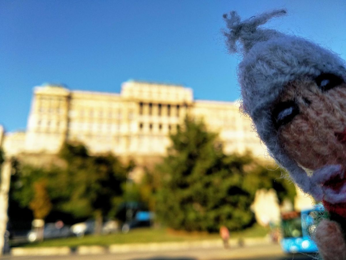 A goulash-stuffed finger puppet obscuring a perfectly good photograph of the presidential palace in Budapest.