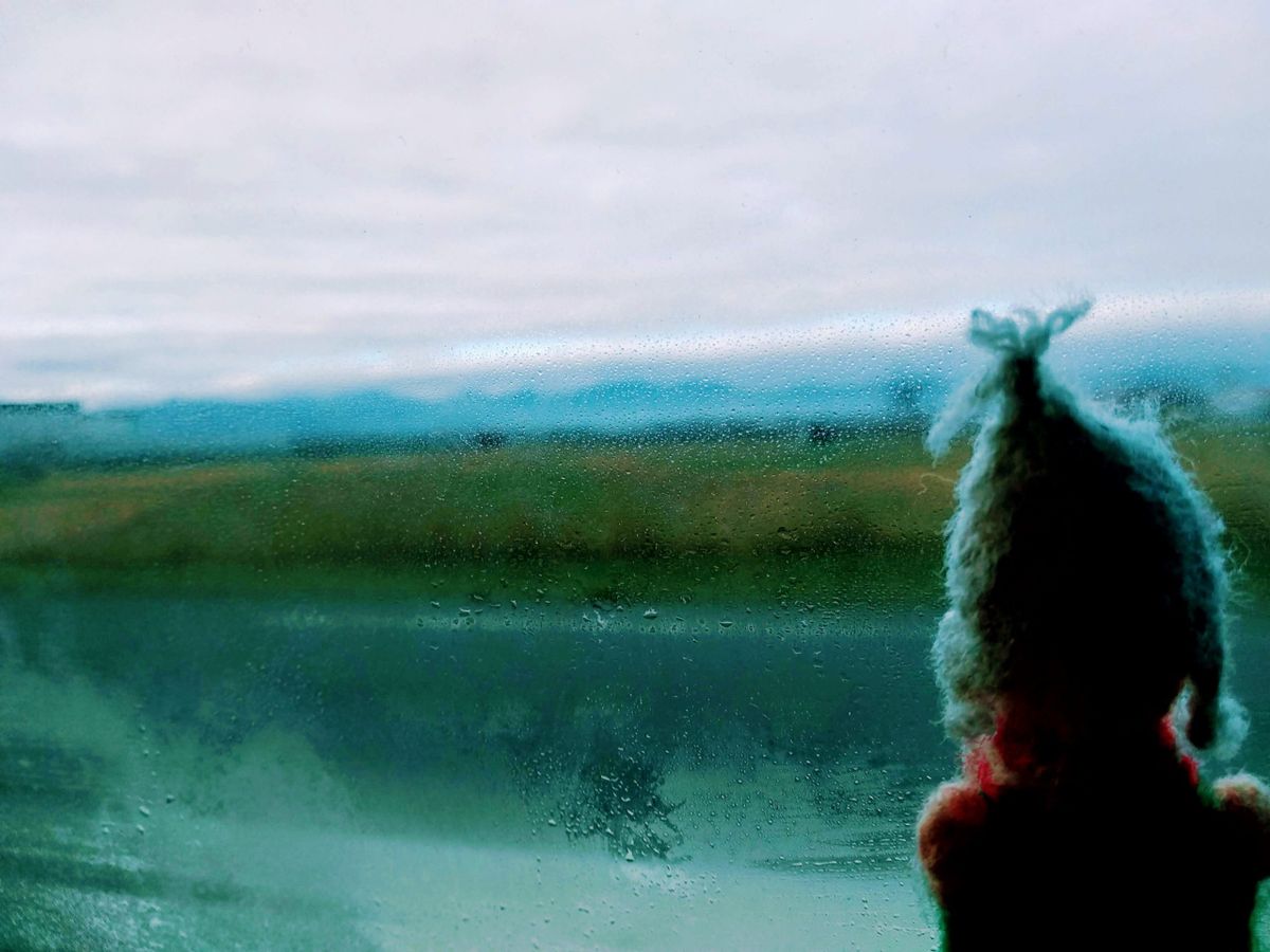 A finger puppet with a conical, tufted hat is silhouetted against a rain-streaked window, looking at a misty, green landscape under a cloudy sky.