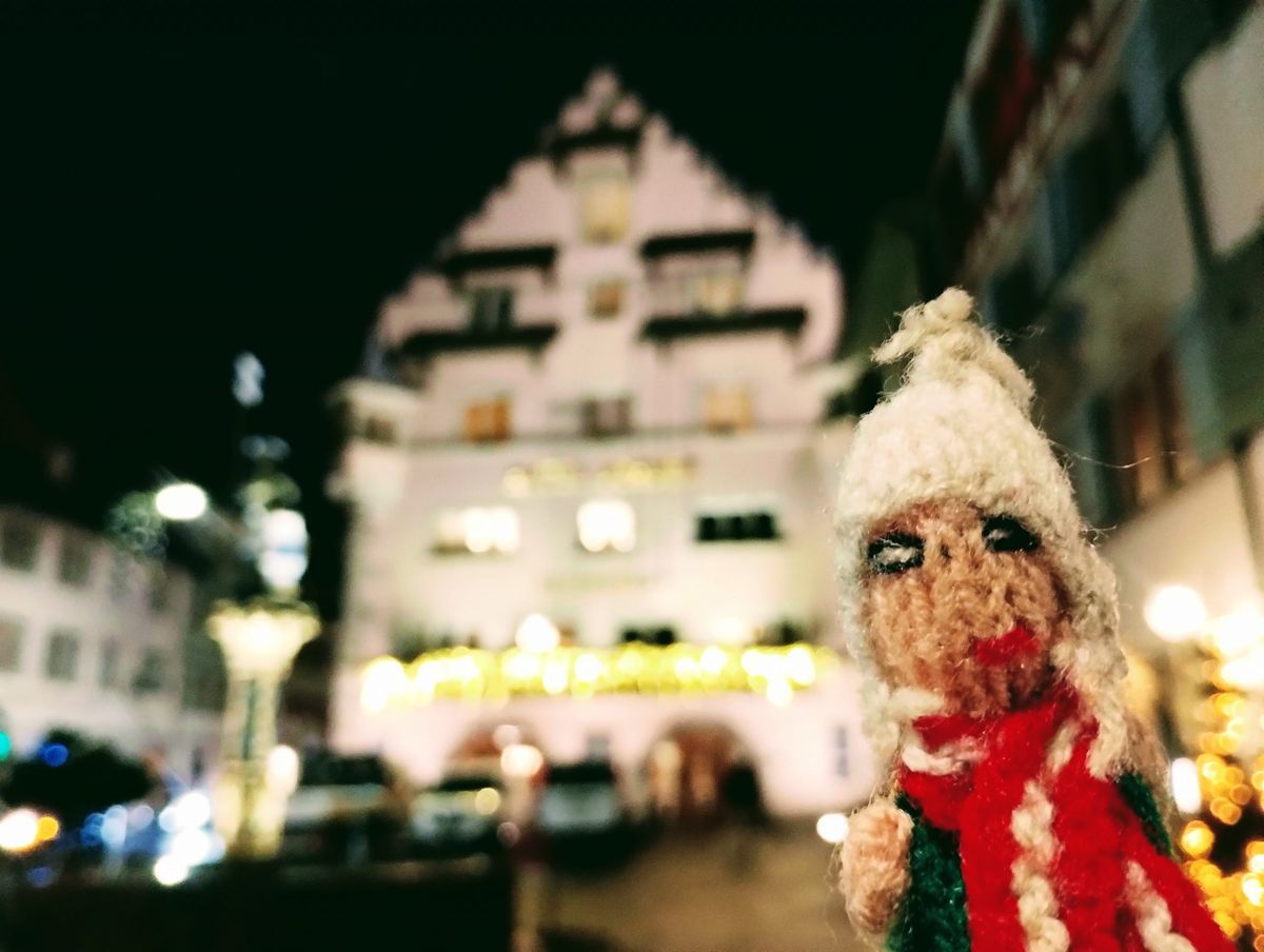 Finger puppet admiring the Hotel Ochsen.