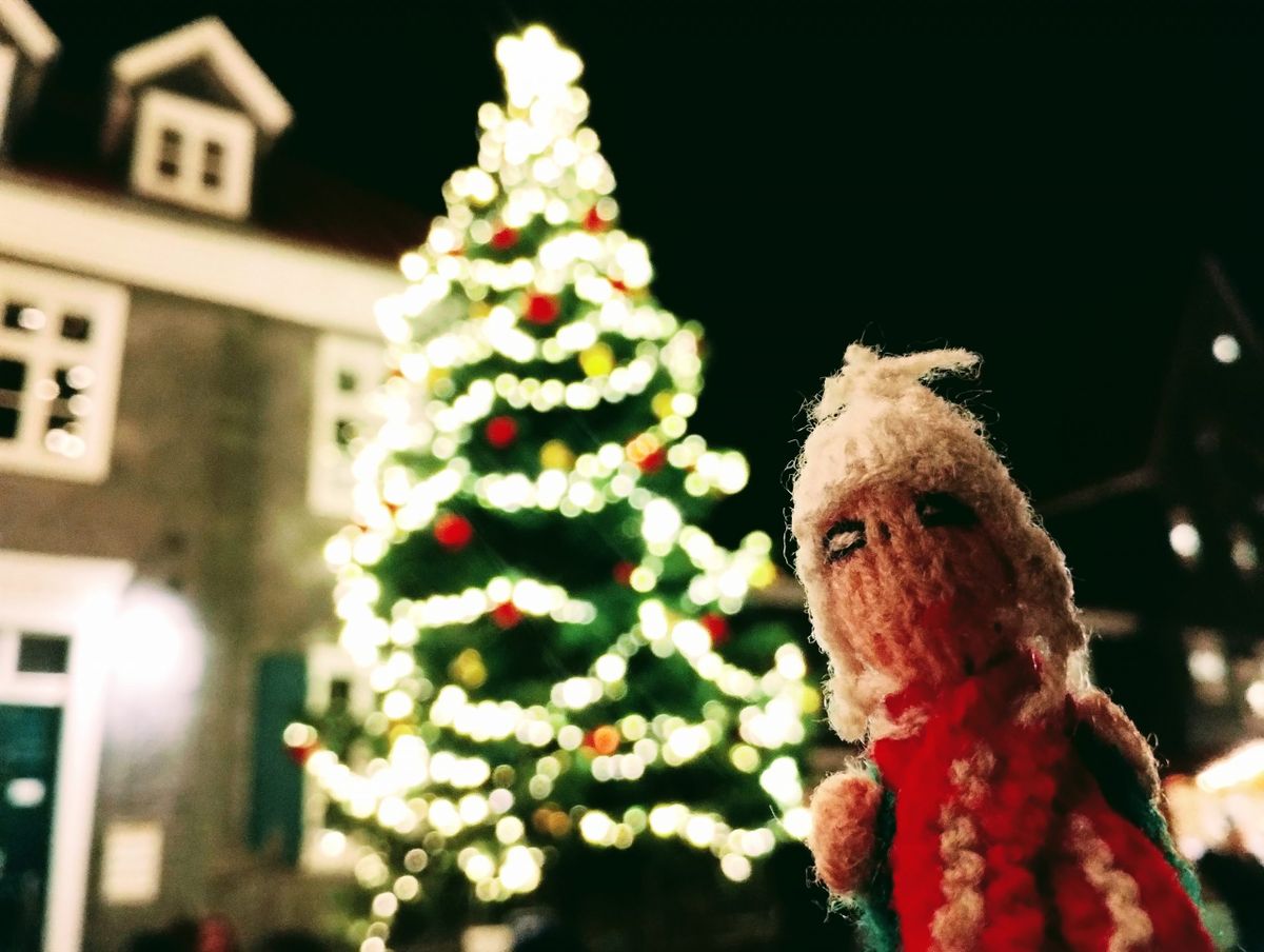 A finger puppet hopes it's not on Santa's naughty list in front of a tall illuminated Christmas tree.