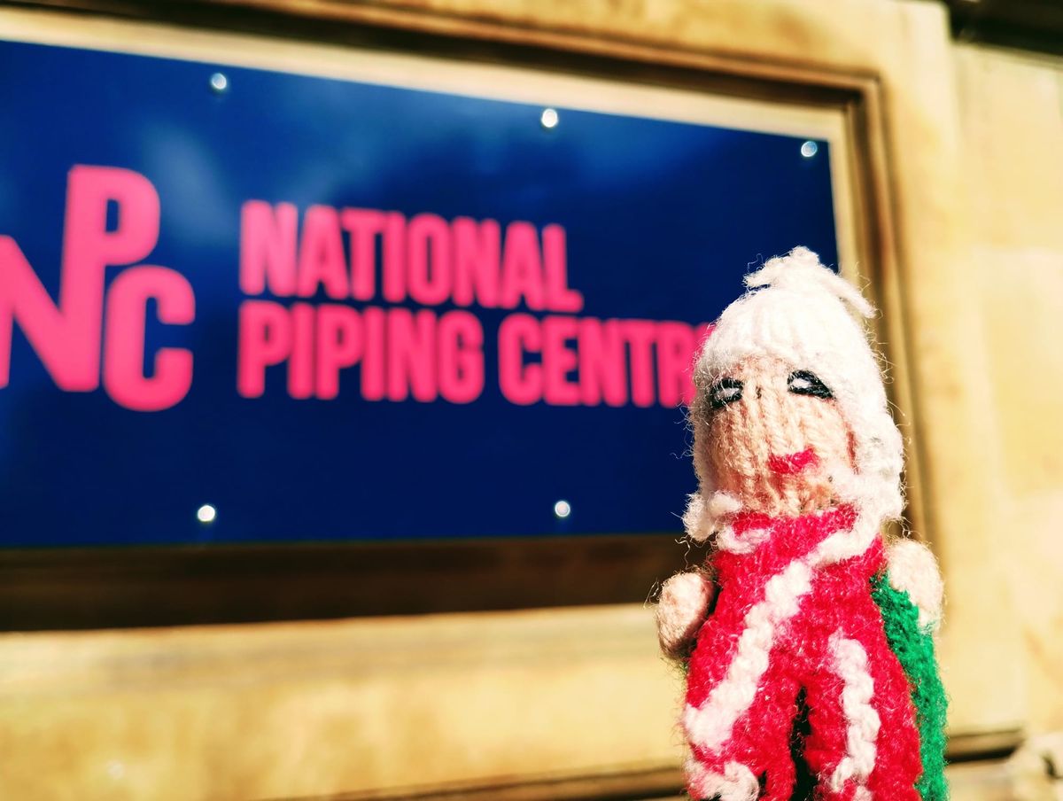 Puppet barely able to contain its excitement outside the National Piping Centre in Glasgow.