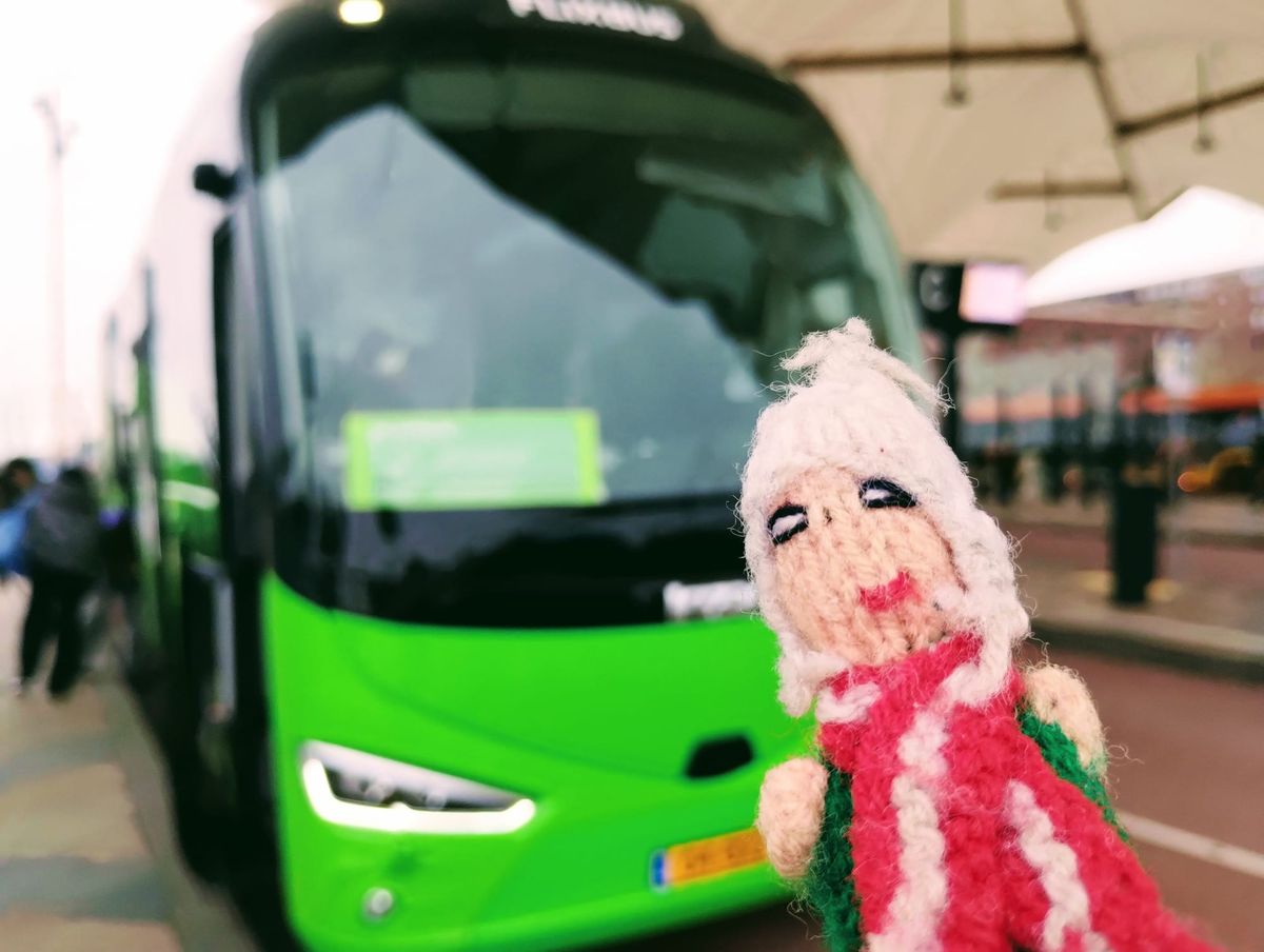 An overjoyed Peruvian finger puppets waits eagerly to board a green and black Flixbus.