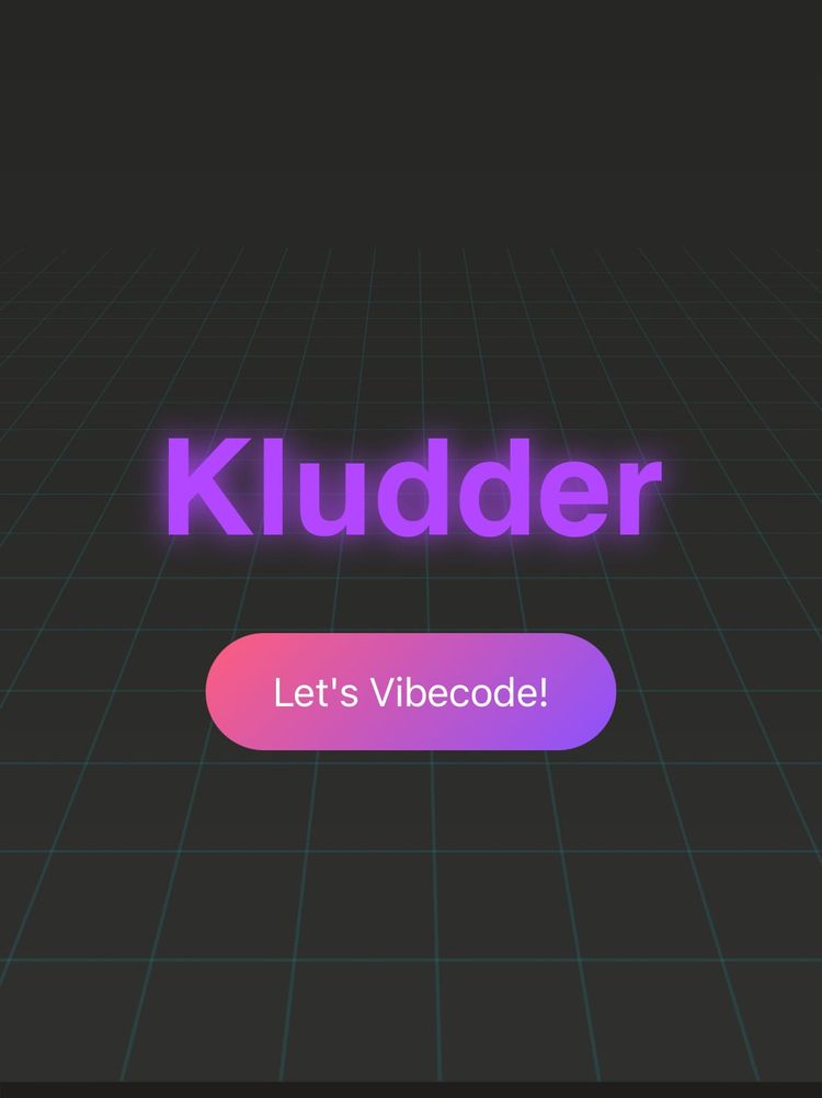 Kludder logo inspirert av 1980-tallets neon-stil. "Let's vibe code!" er skrevet i en lilla boks under "Kludder".