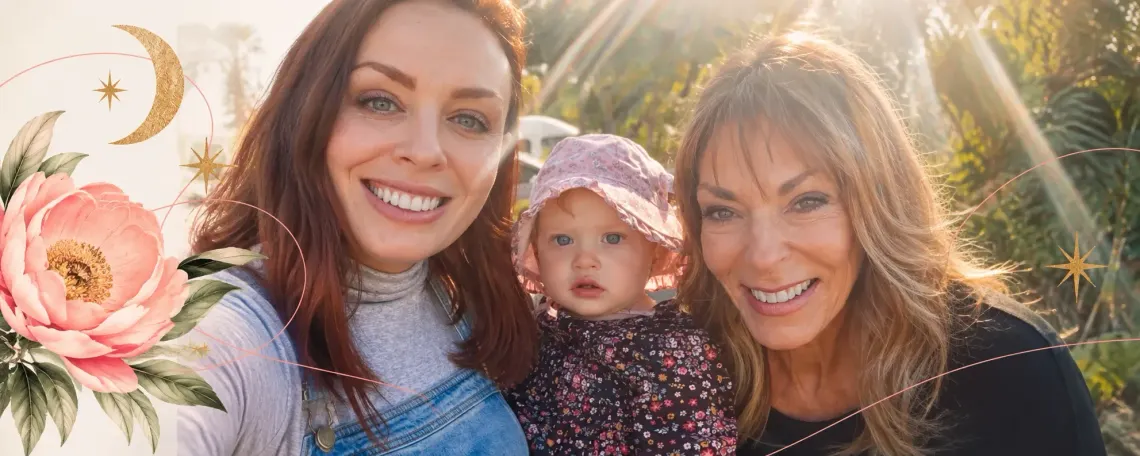 Stevie with her mum and her baby daughter, smiling together in the afternoon sun, framed by an illustrated peony, gold crescent moon and stars