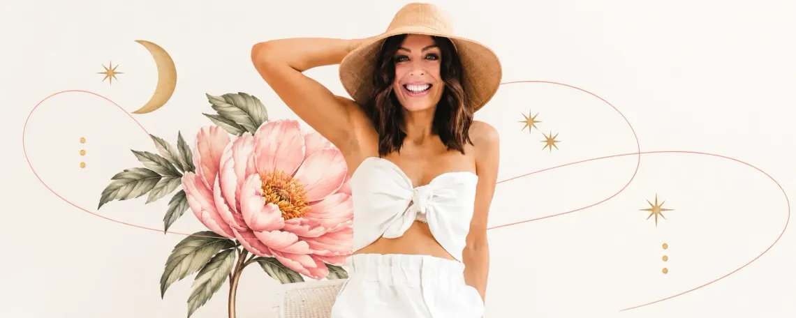 Stevie smiling in a straw sun hat and white top, framed by an illustrated pink peony, gold crescent moon and stars