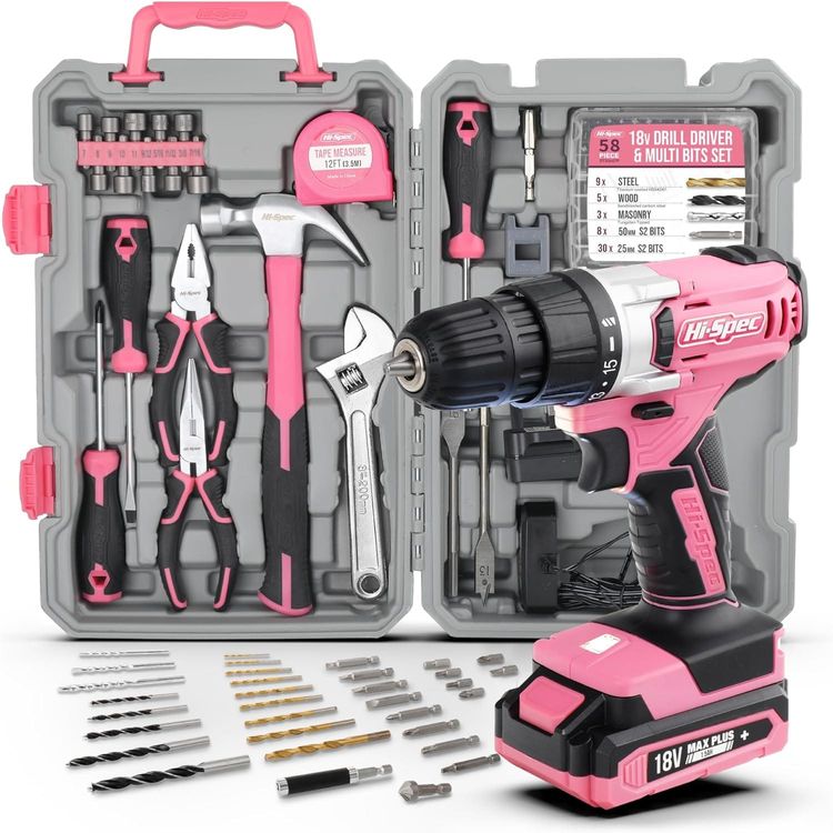 Hi-Spec 81PC 18V Cordless Drill Driver Pink Power Drill Tool Set for Women