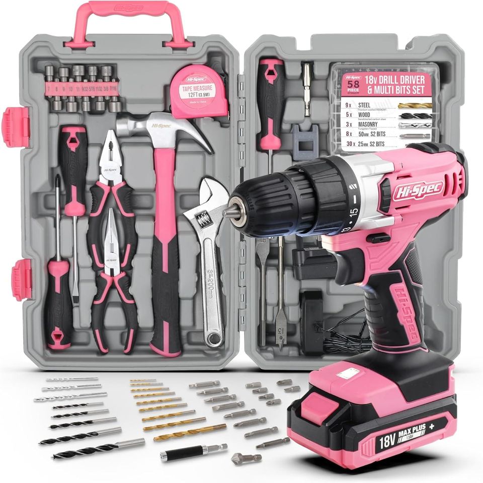 Hi-Spec 81PC 18V Cordless Drill Driver Pink Power Drill Tool Set for Women